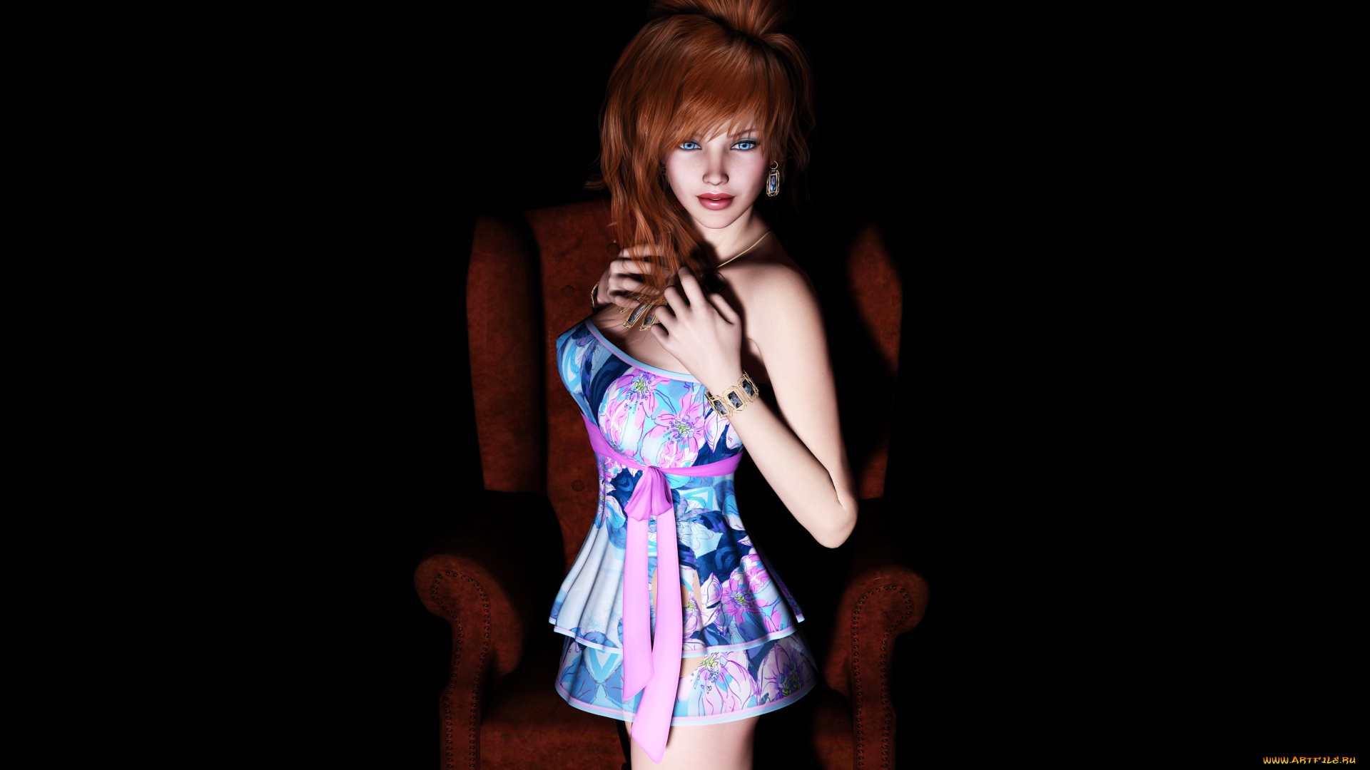 3д, графика, people, люди, девушка, взгляд, рыжая, кресло