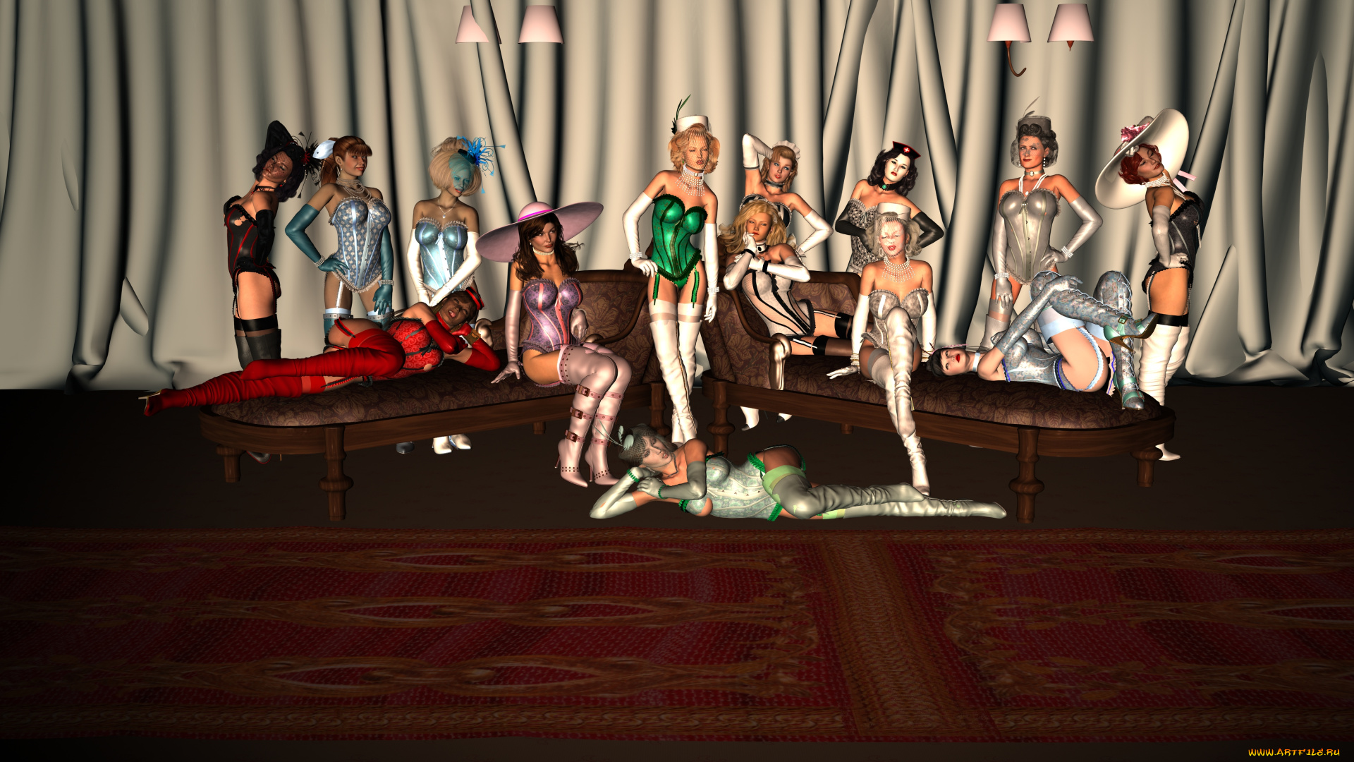 3д, графика, people, люди, девушки, диван, шторы