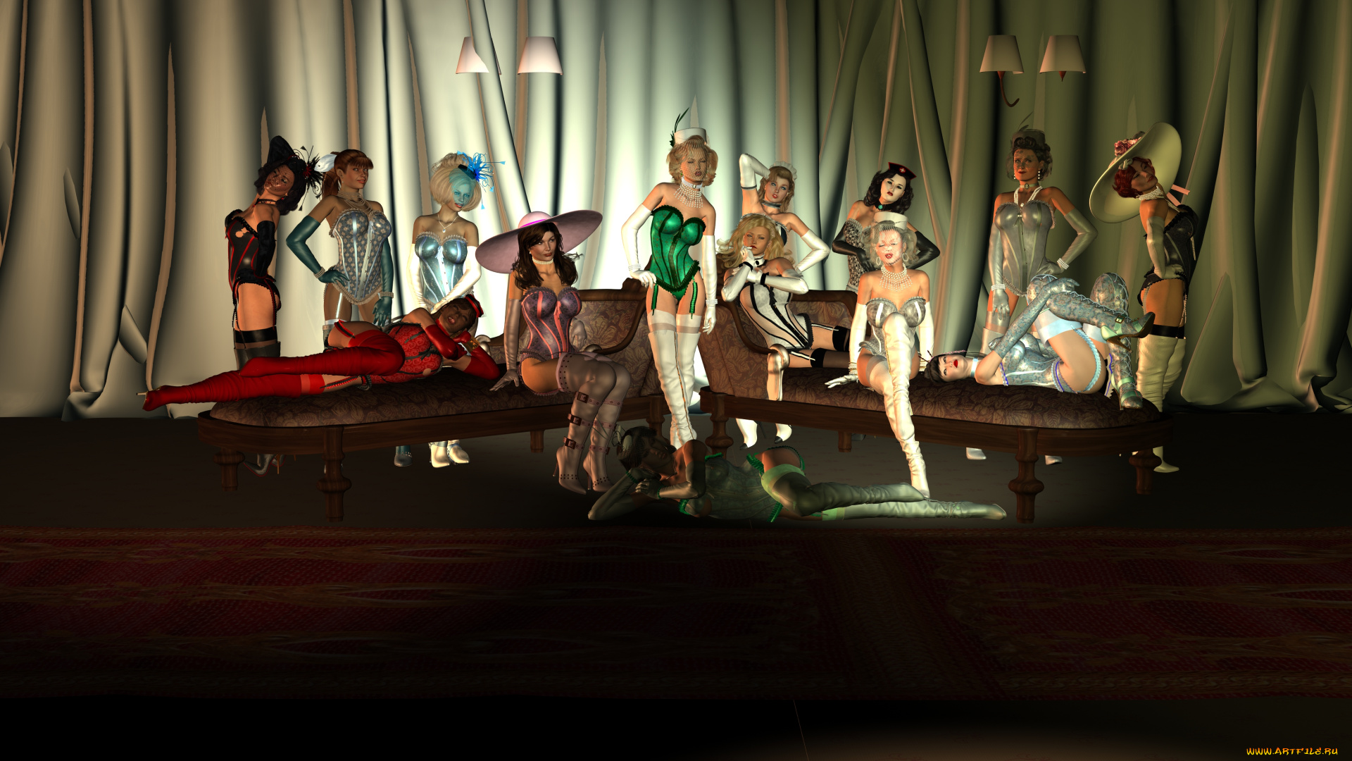 3д, графика, people, люди, девушки, шторы, диван