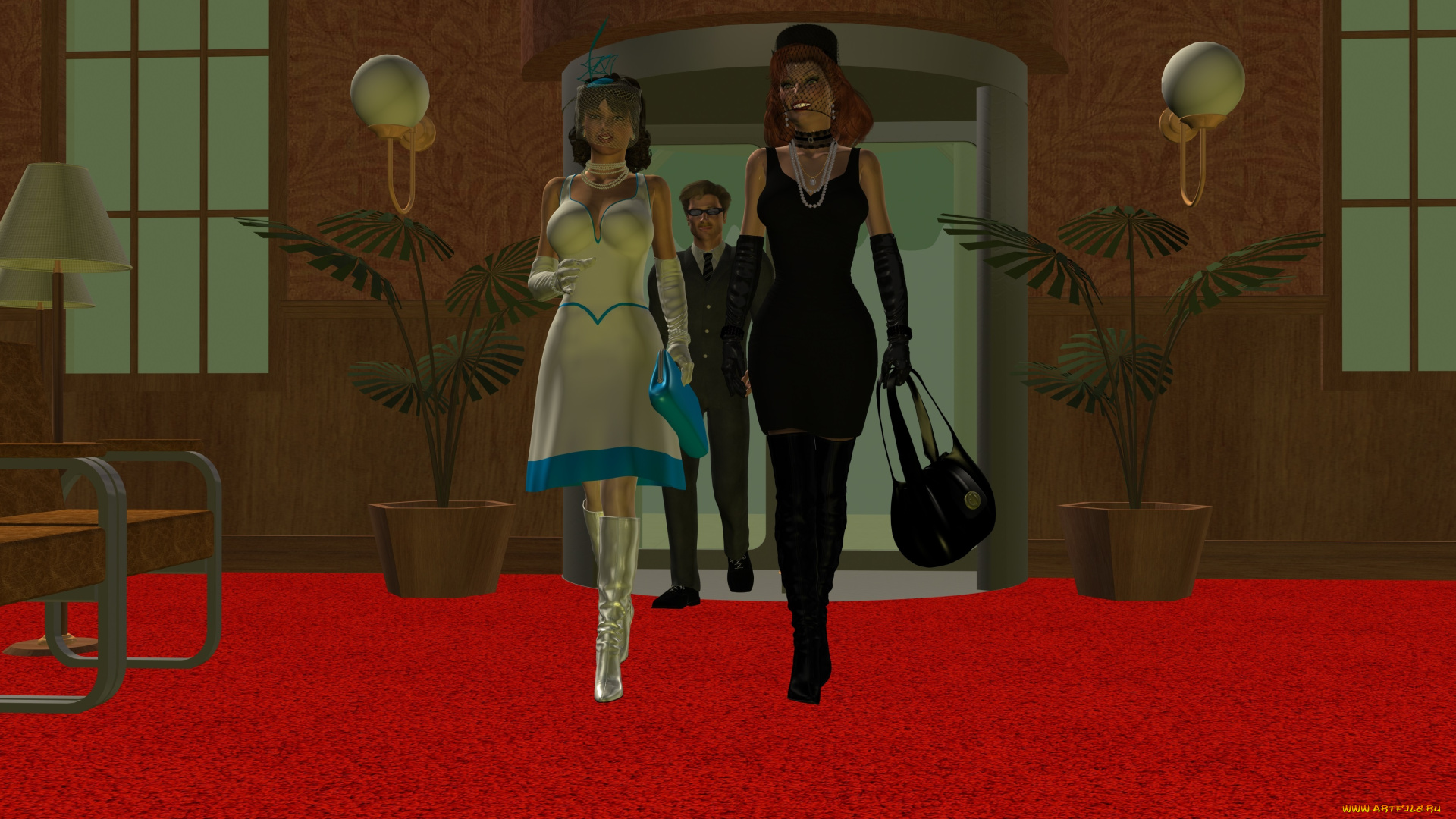 3д, графика, people, люди, охрана, девушки, светильники, растения