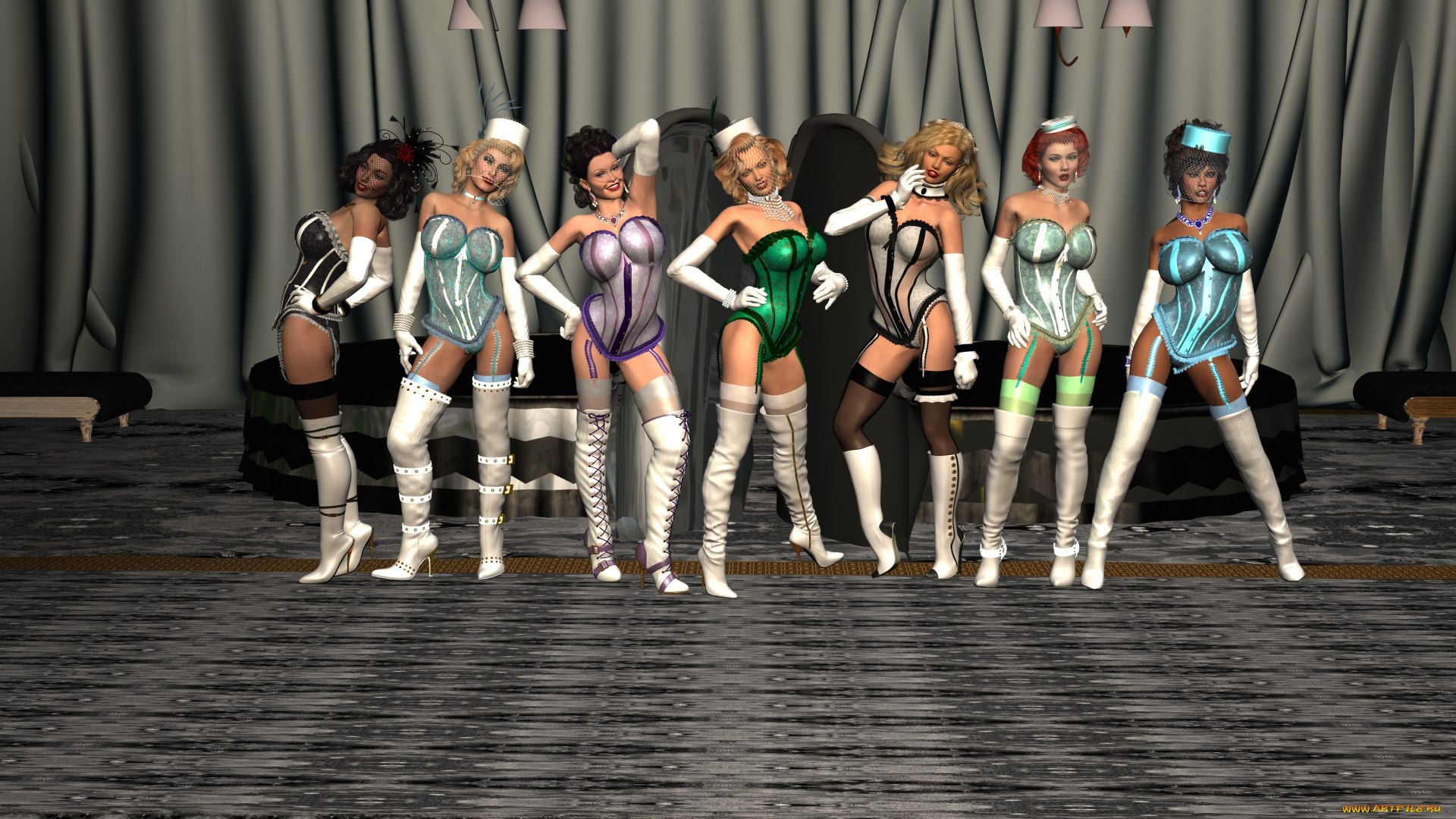3д, графика, people, люди, шторы, девушки, чулки, шляпы
