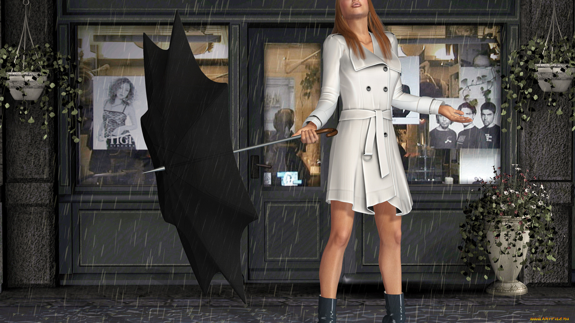 3д, графика, people, люди, зонтик, дождь, девушка