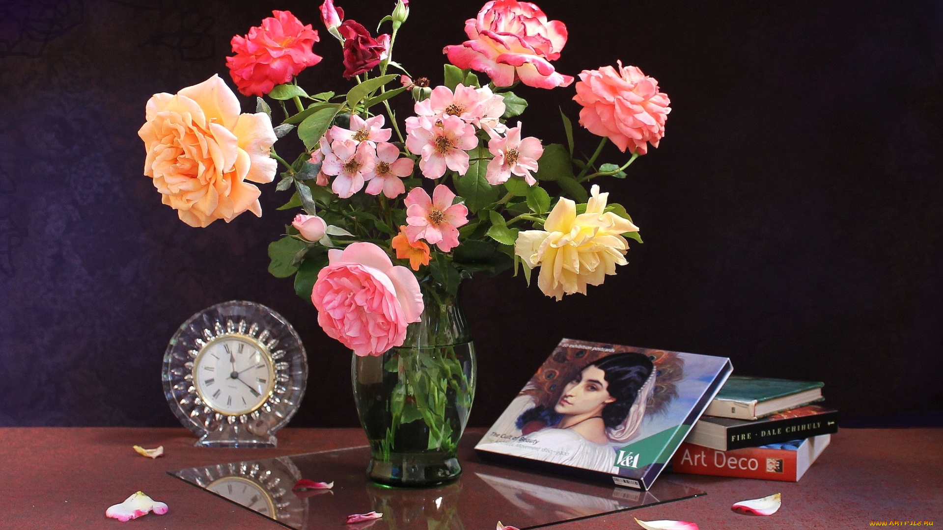 цветы, розы, арт-деко, букет, часы