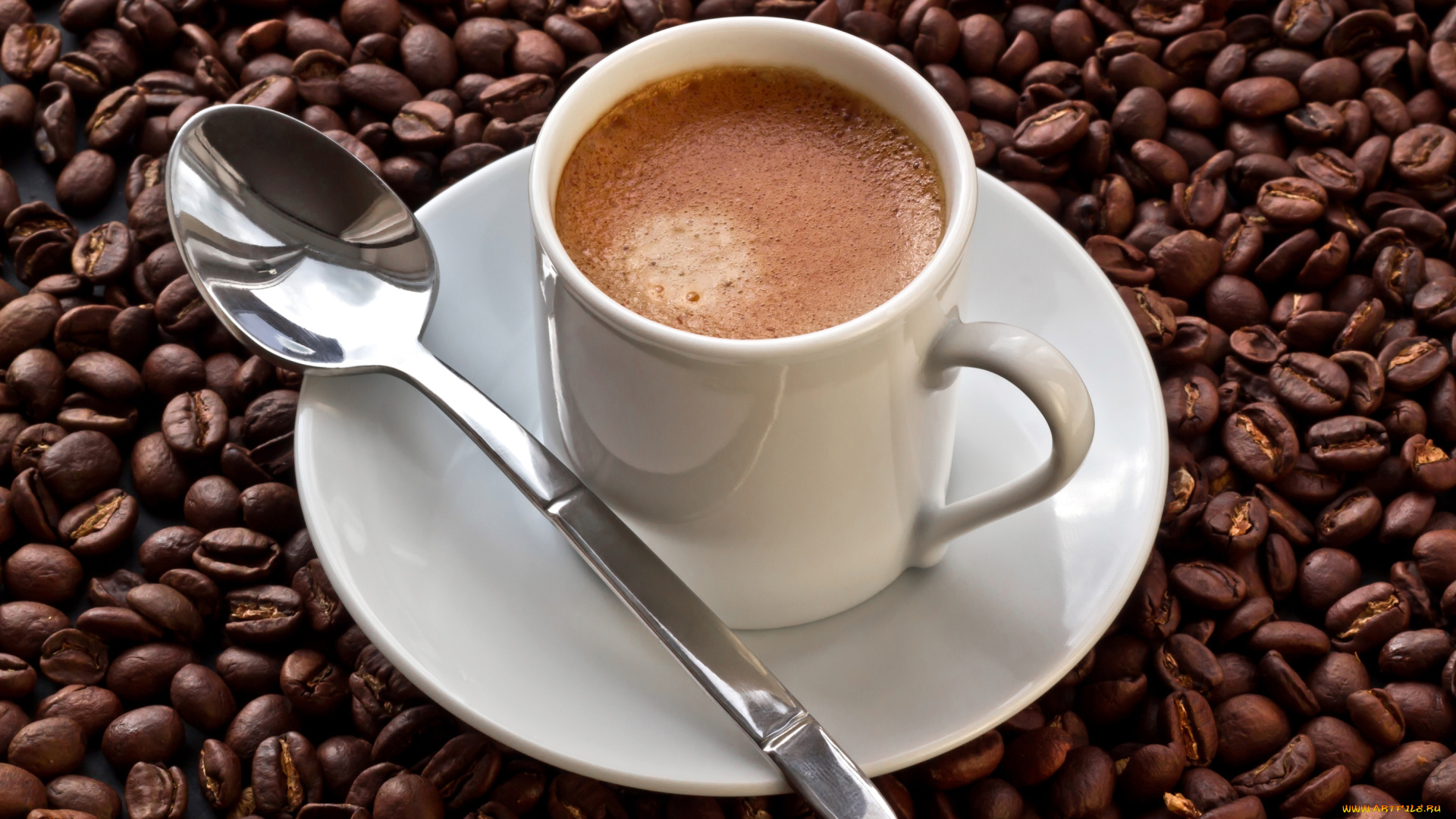 еда, кофе, кофейные, зёрна, ложка, чашка