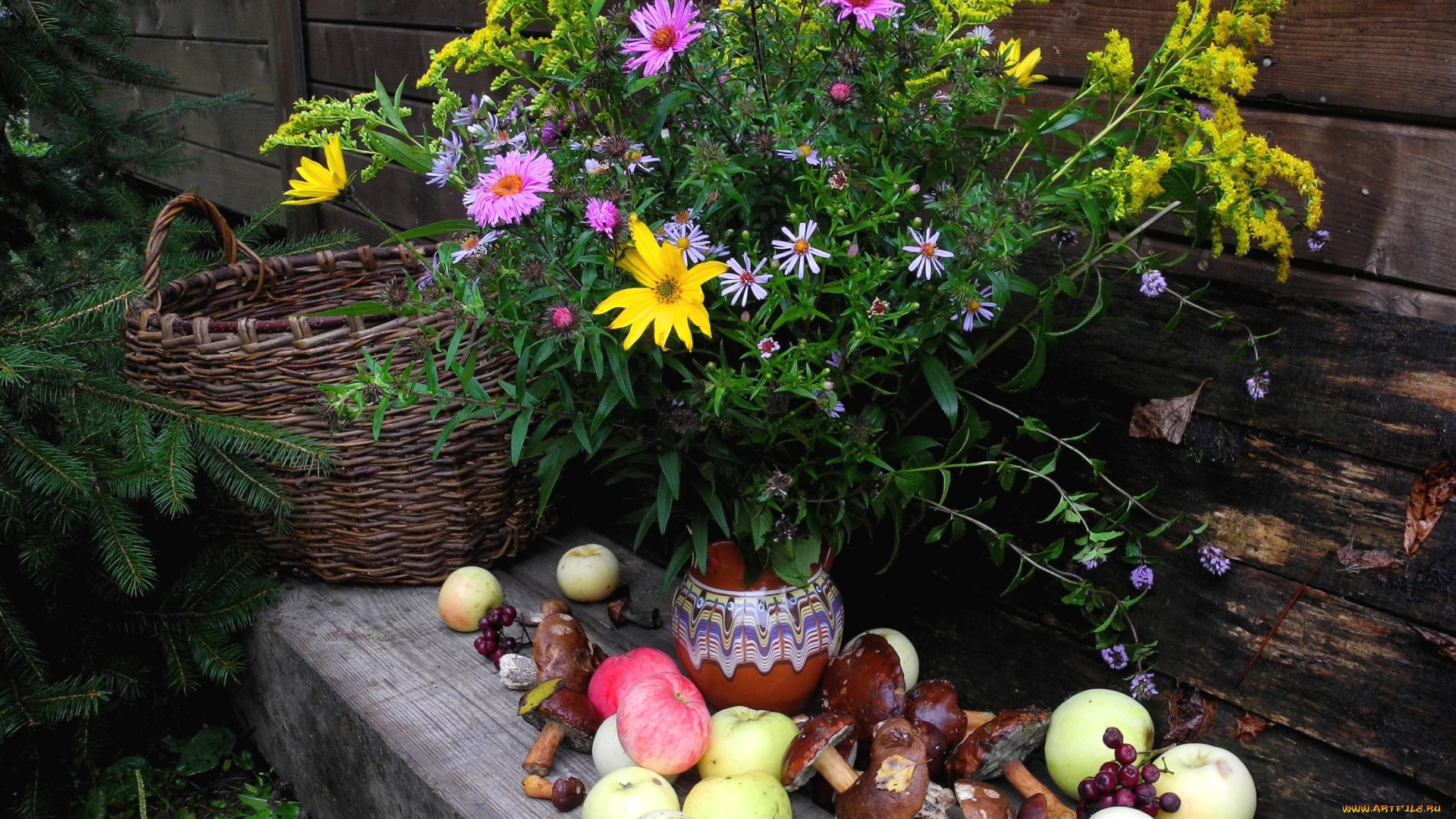 еда, натюрморт, грибы, яблоки, букет