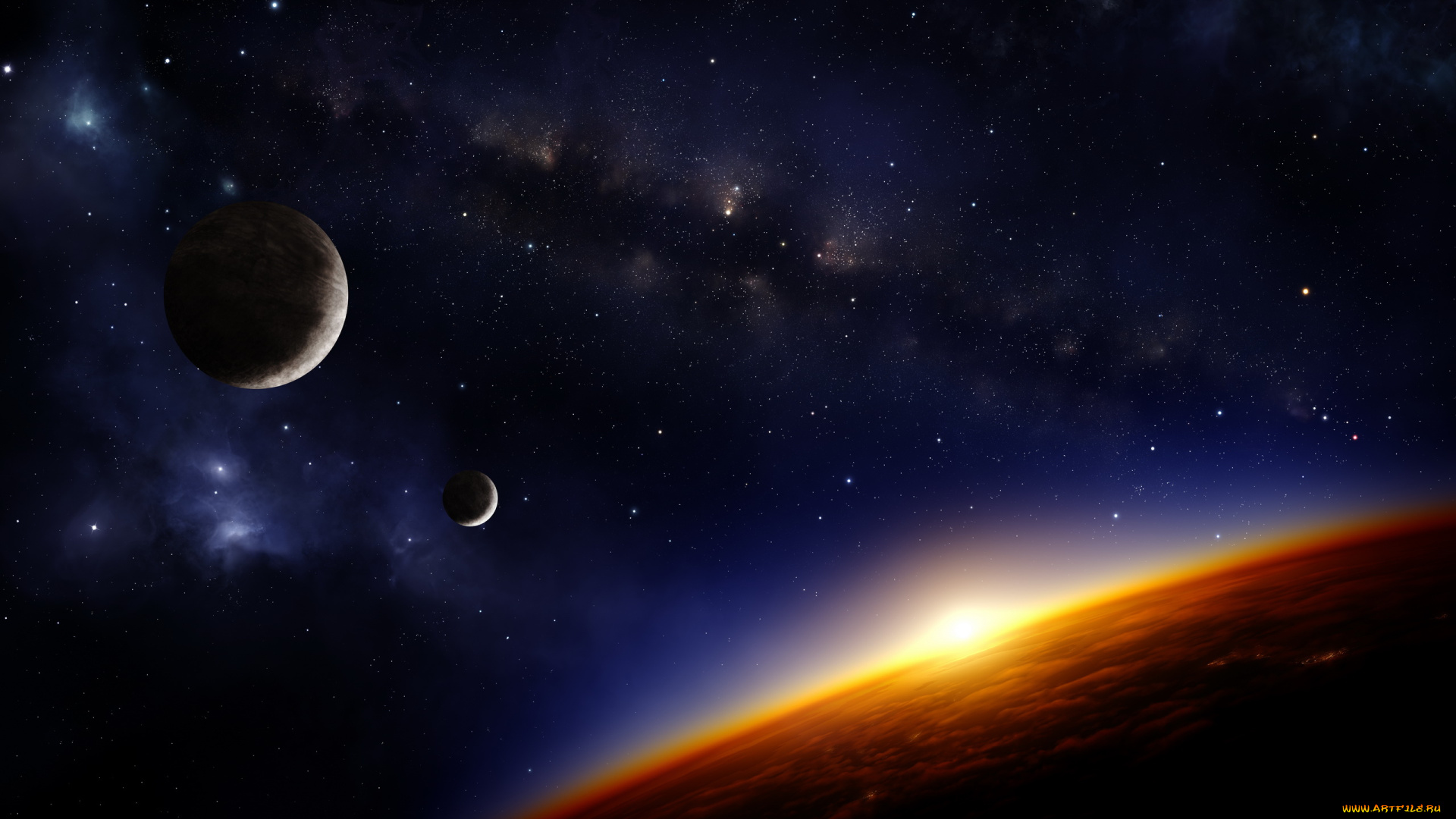 космос, арт, солнце, звезды, планеты, вселенная, свет