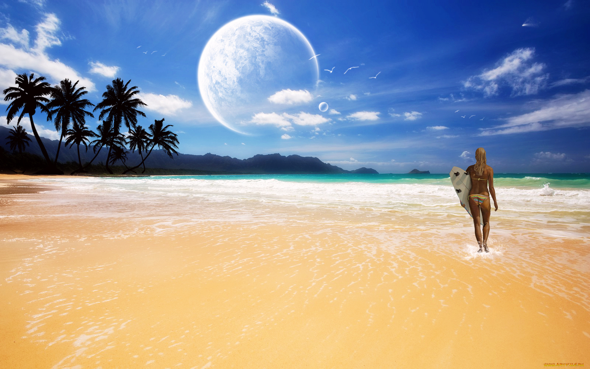 3д, графика, atmosphere, mood, атмосфера, настроения, доска, девушка, облака, планеты, пальмы, пляж, океан