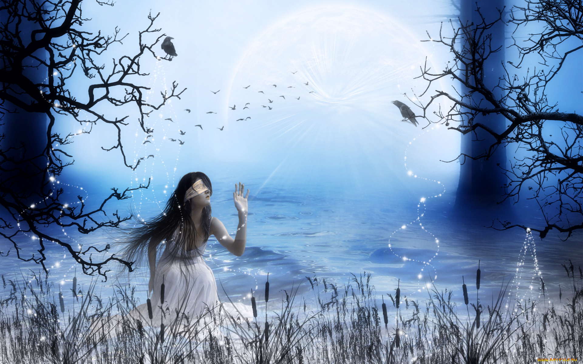 3д, графика, fantasy, фантазия, птицы, девушка, рстения, озеро, лес