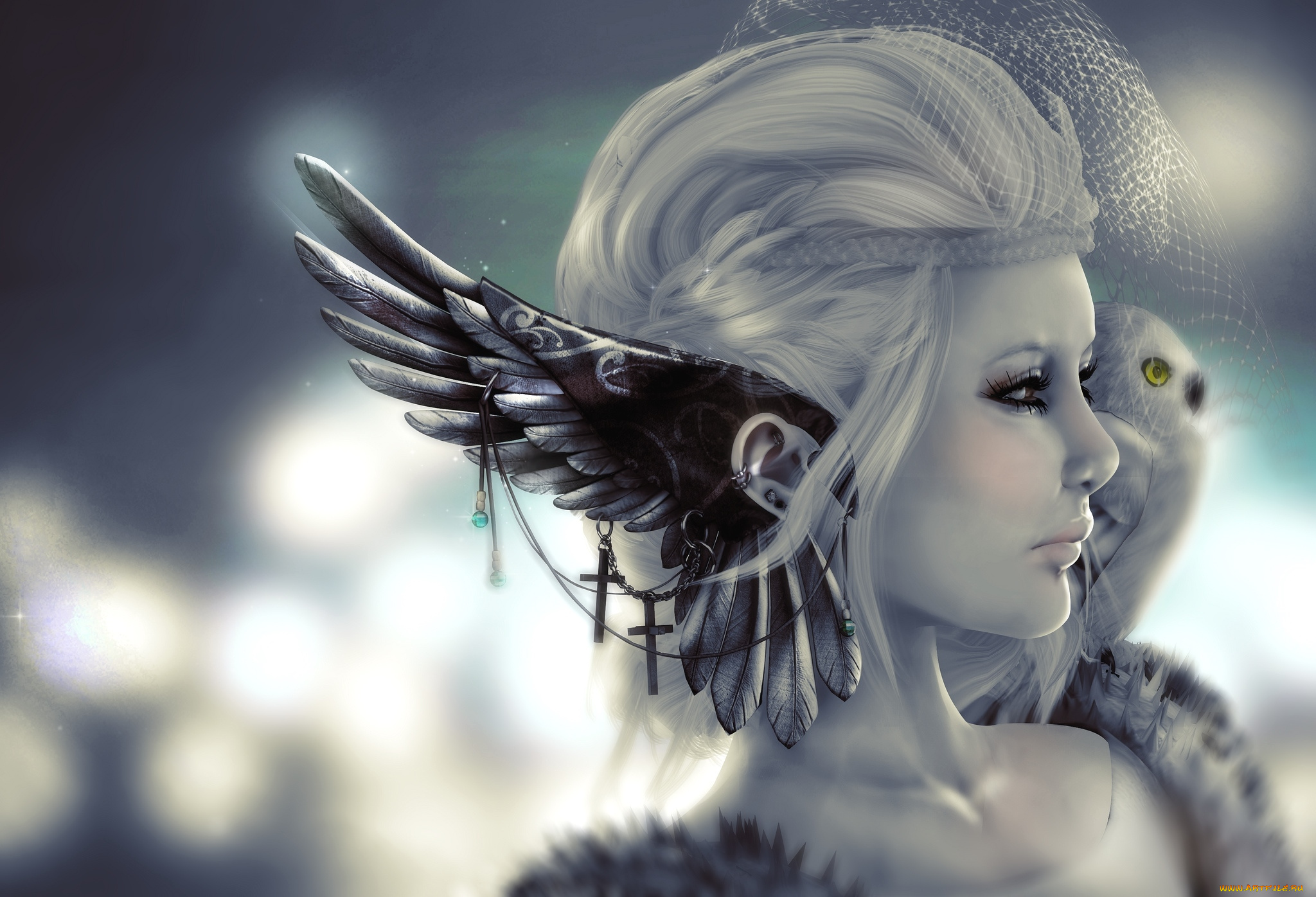 3д, графика, fantasy, фантазия, сова, девушка