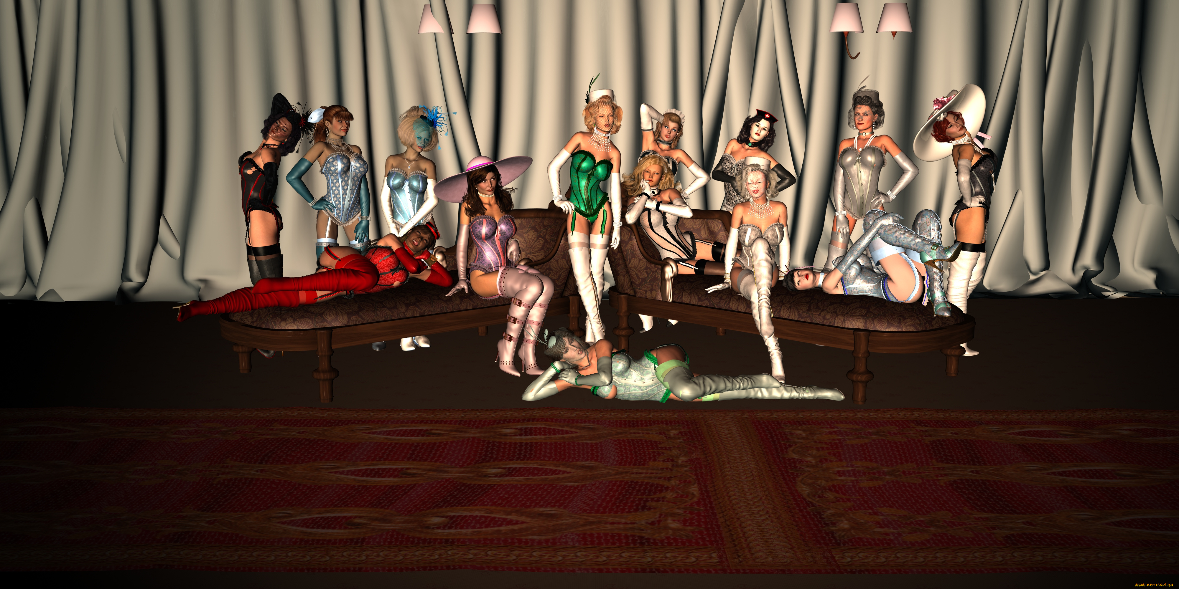 3д, графика, people, люди, девушки, диван, шторы