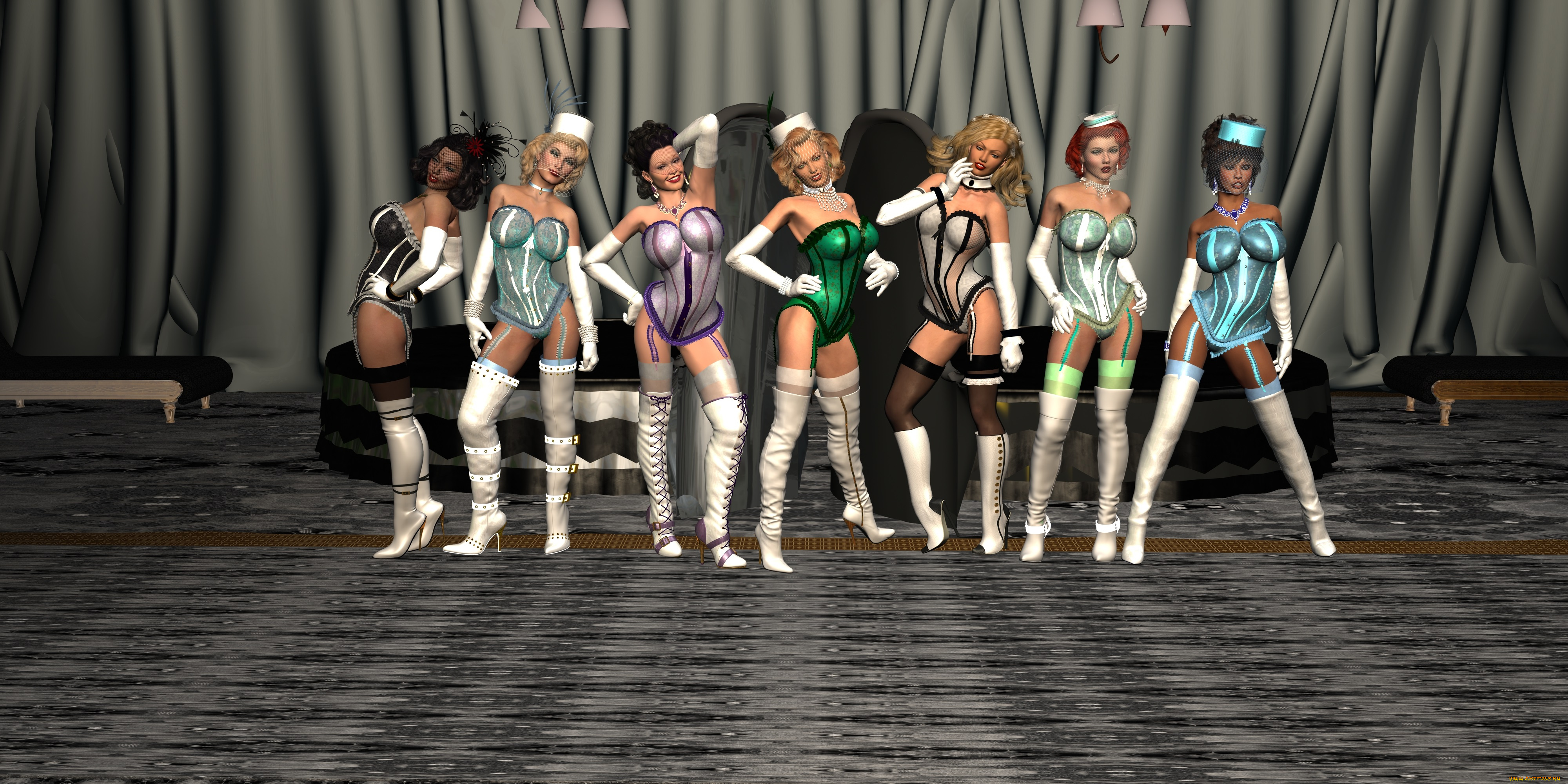 3д, графика, people, люди, шторы, девушки, чулки, шляпы