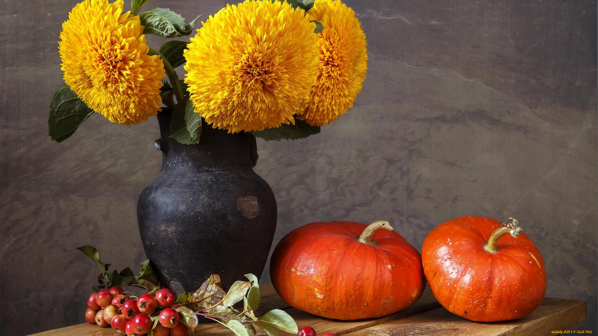 еда, тыква, ваза, листики, веточка, подсолнух, цветы