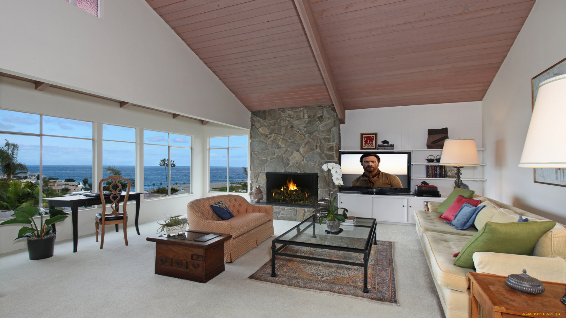 интерьер, гостиная, fireplace, living, room, цветы, стиль, мебель, камин, colors, style, furniture