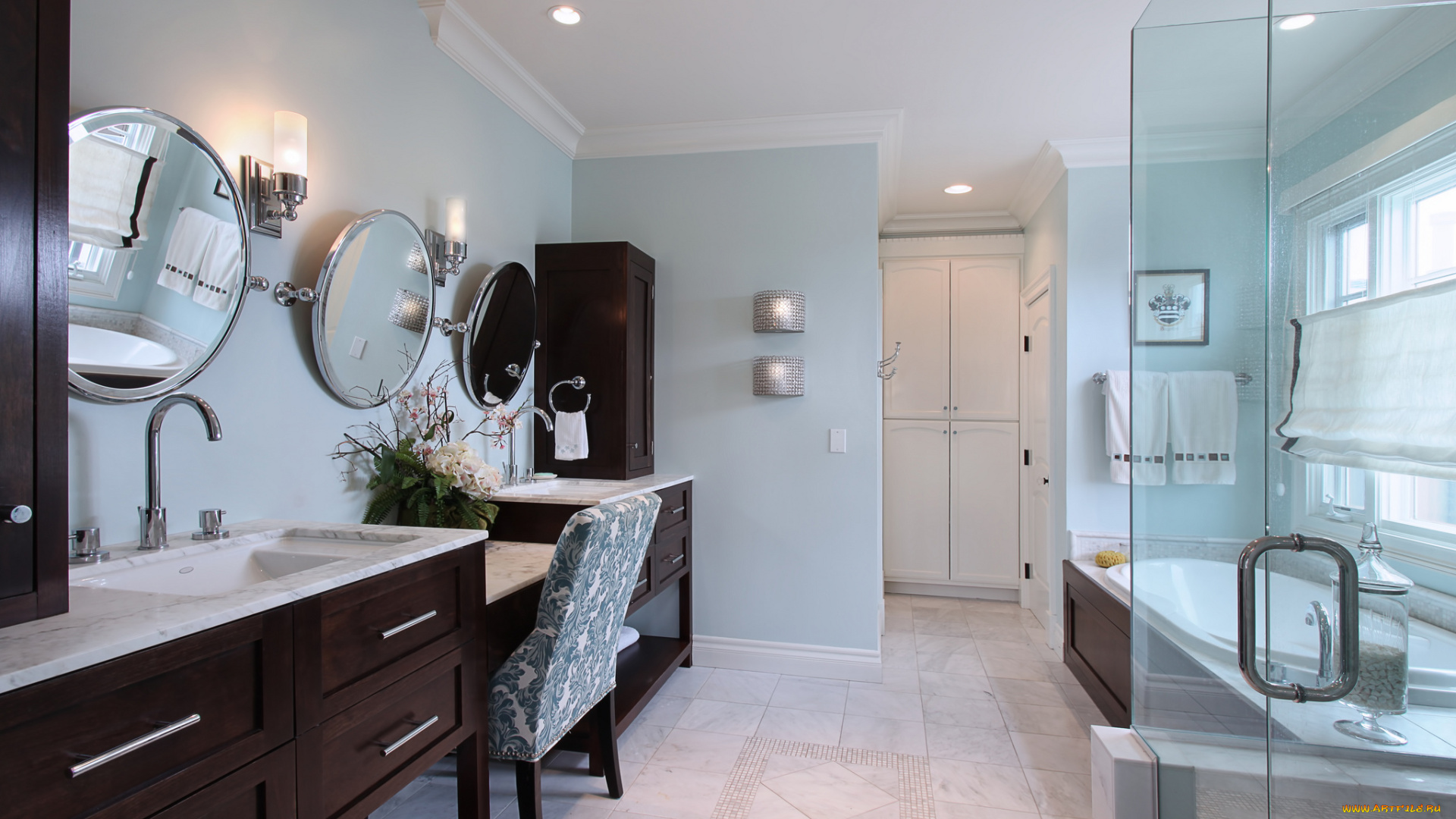 интерьер, ванная, и, туалетная, комнаты, ванная, стиль, дизайн, цветы