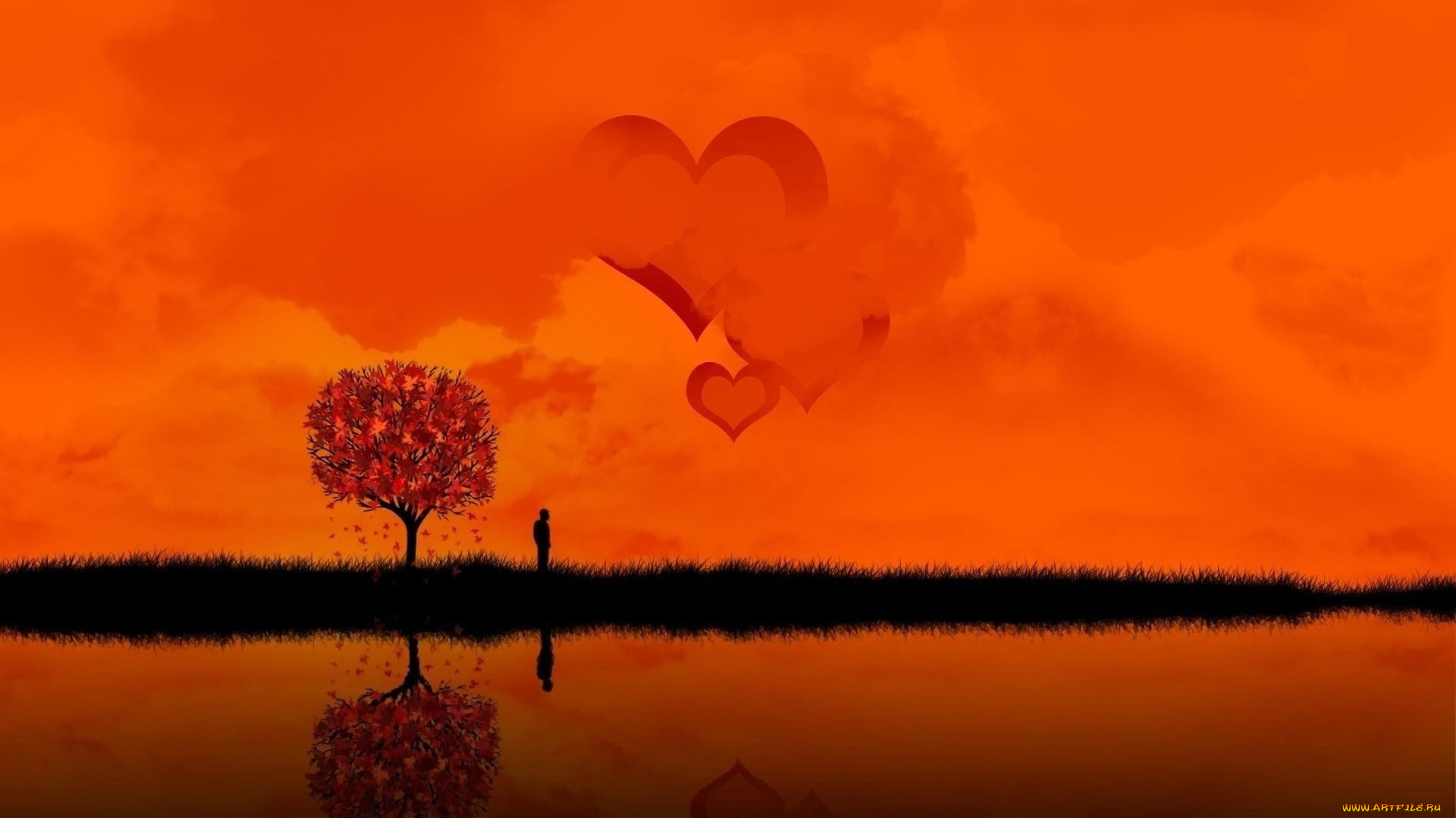 векторная, графика, природа, листья, силуэты, сердечки, трава, дерево, закат, человек, осень