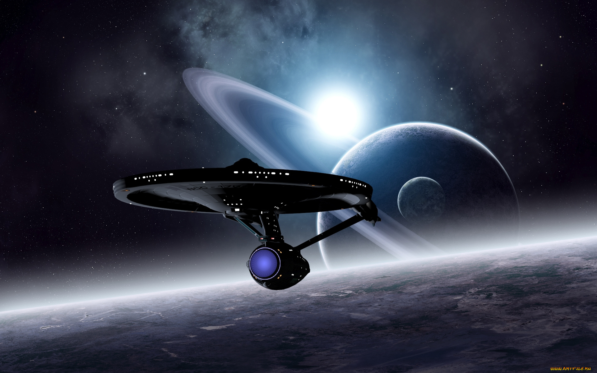 космос, арт, вселенная, космический, корабль, кольца, планеты, звезды