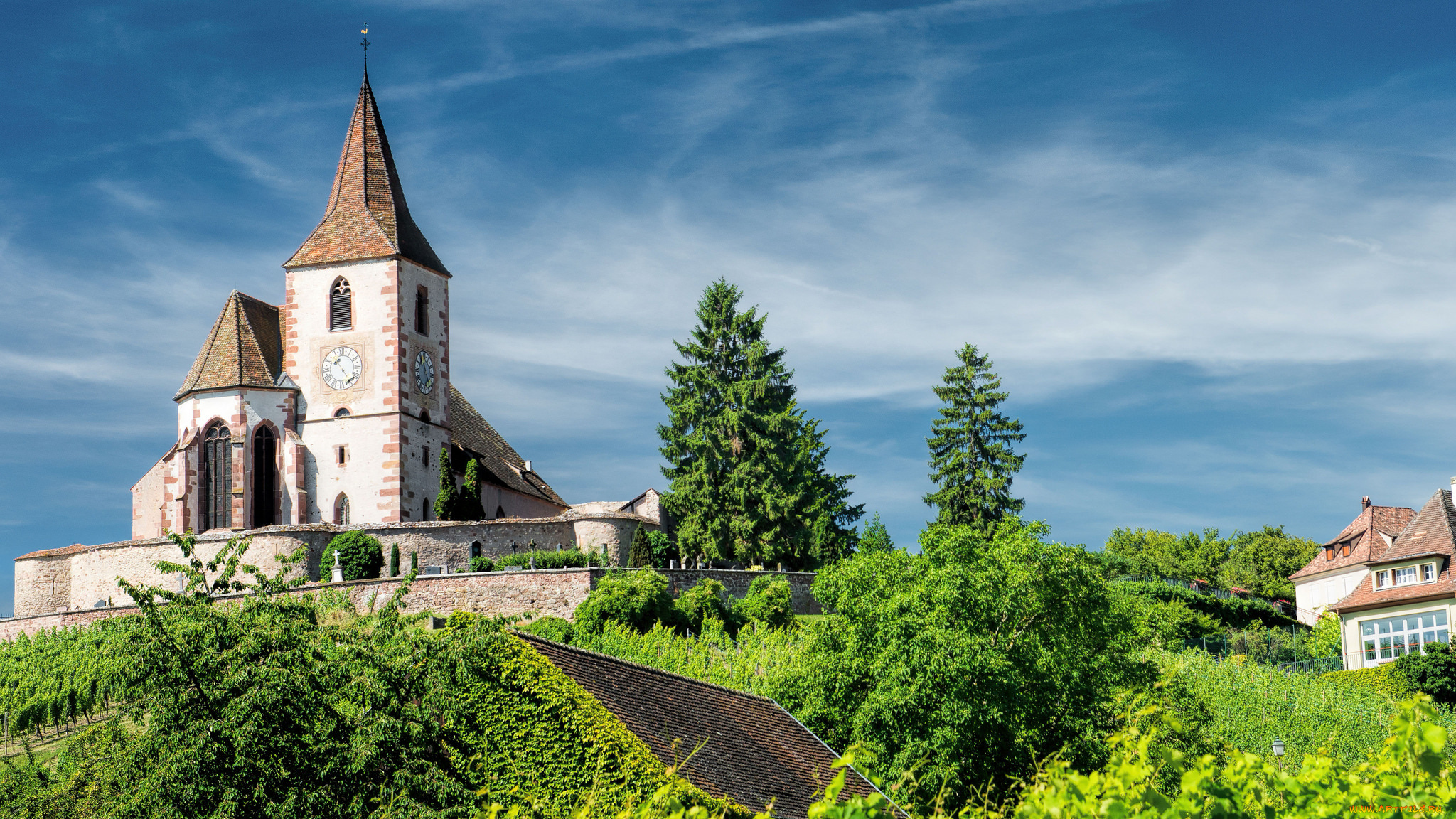 города, -, православные, церкви, , монастыри, деревья, церковь, сен-жак-ле-мажёр, church, saint-jacques-le-majeur, франция, hunawihr, france, юнавир