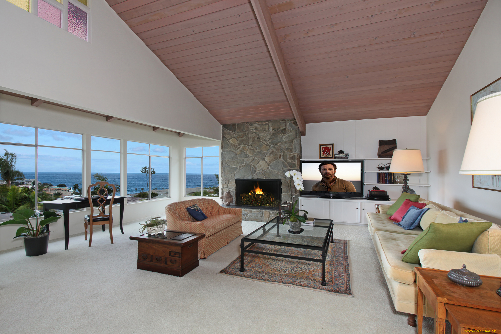 интерьер, гостиная, fireplace, living, room, цветы, стиль, мебель, камин, colors, style, furniture