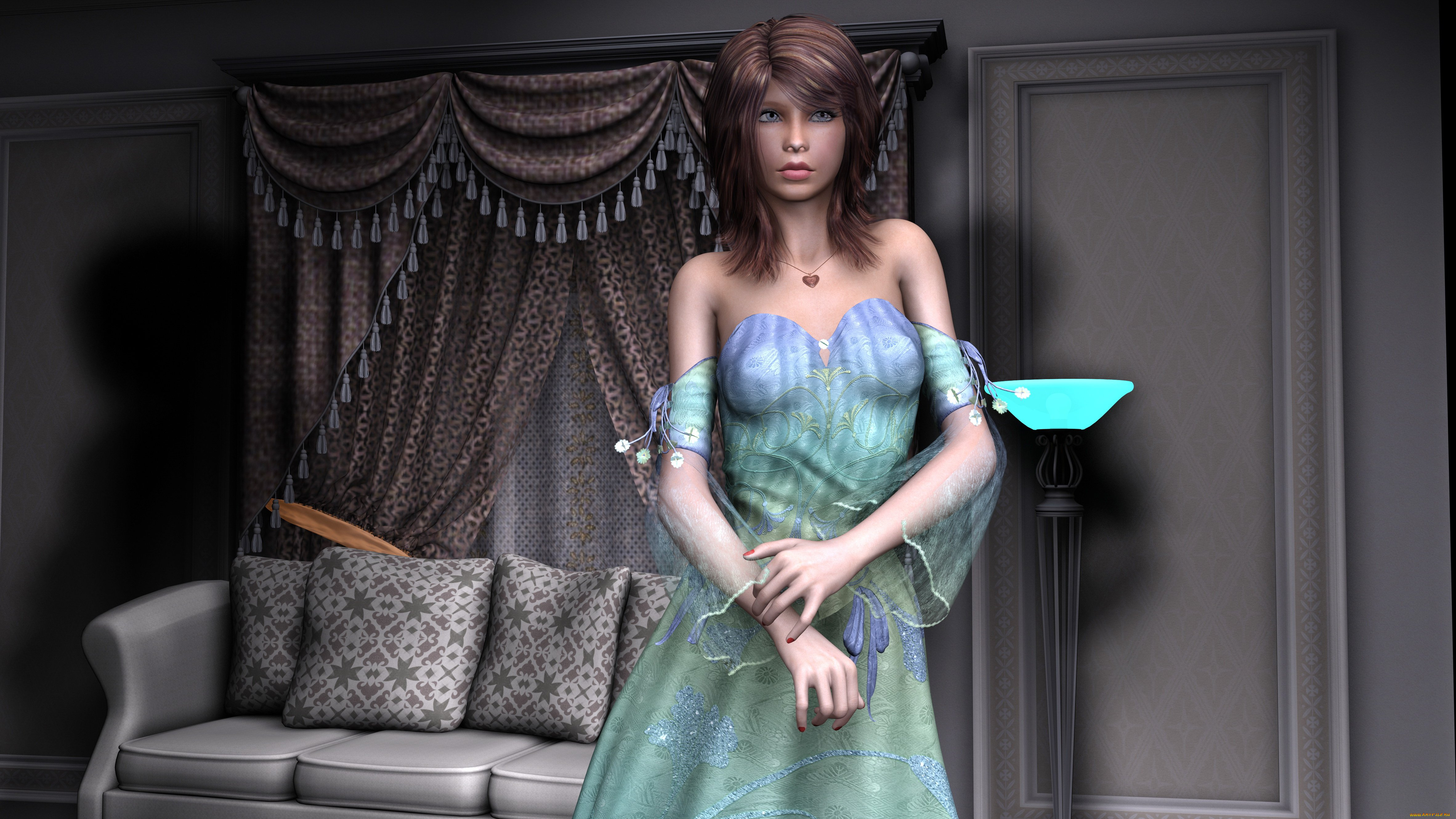 3д, графика, люди, , people, взгляд, подушки, диван, девушка