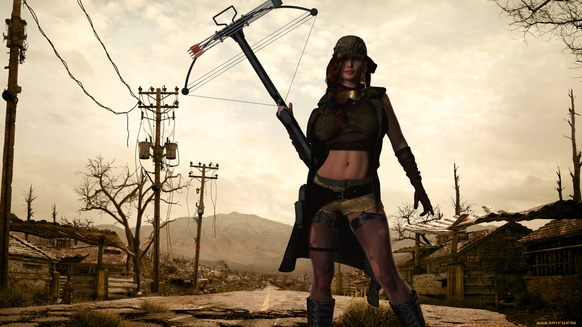 3д, графика, фантазия, , fantasy, девушка, арбалет, фон, взгляд