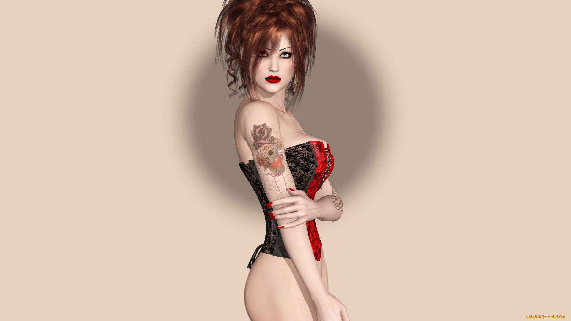 3д, графика, люди, , people, корсет, взгляд, фон, девушка, тату