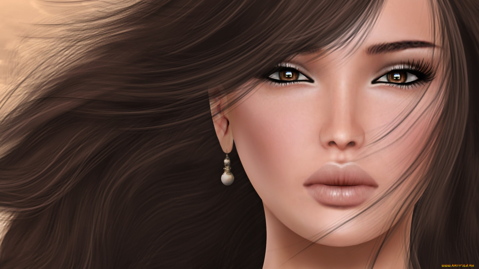 3д, графика, портрет, , portraits, девушка, брюнетка, лицо, портрет, волосы, серьга