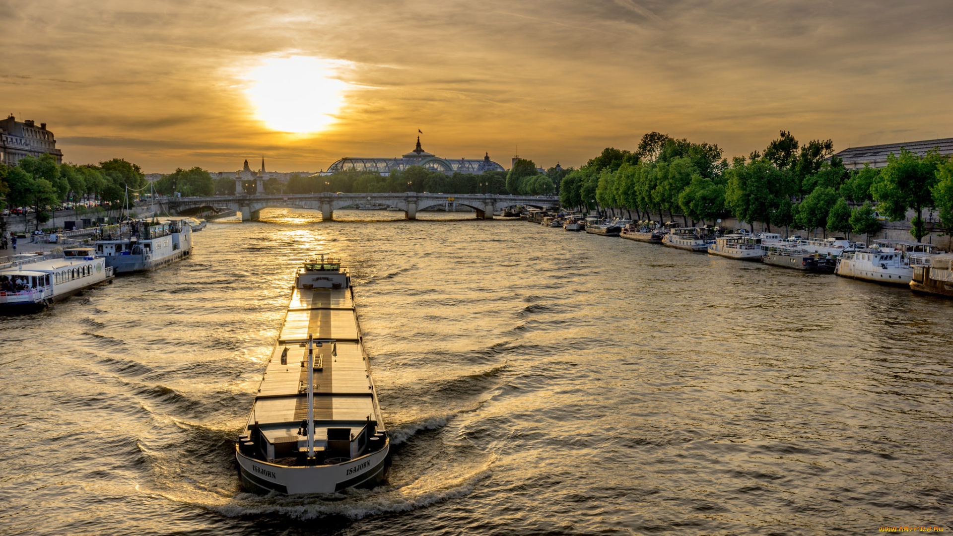 корабли, баржи, река, мост, баржа