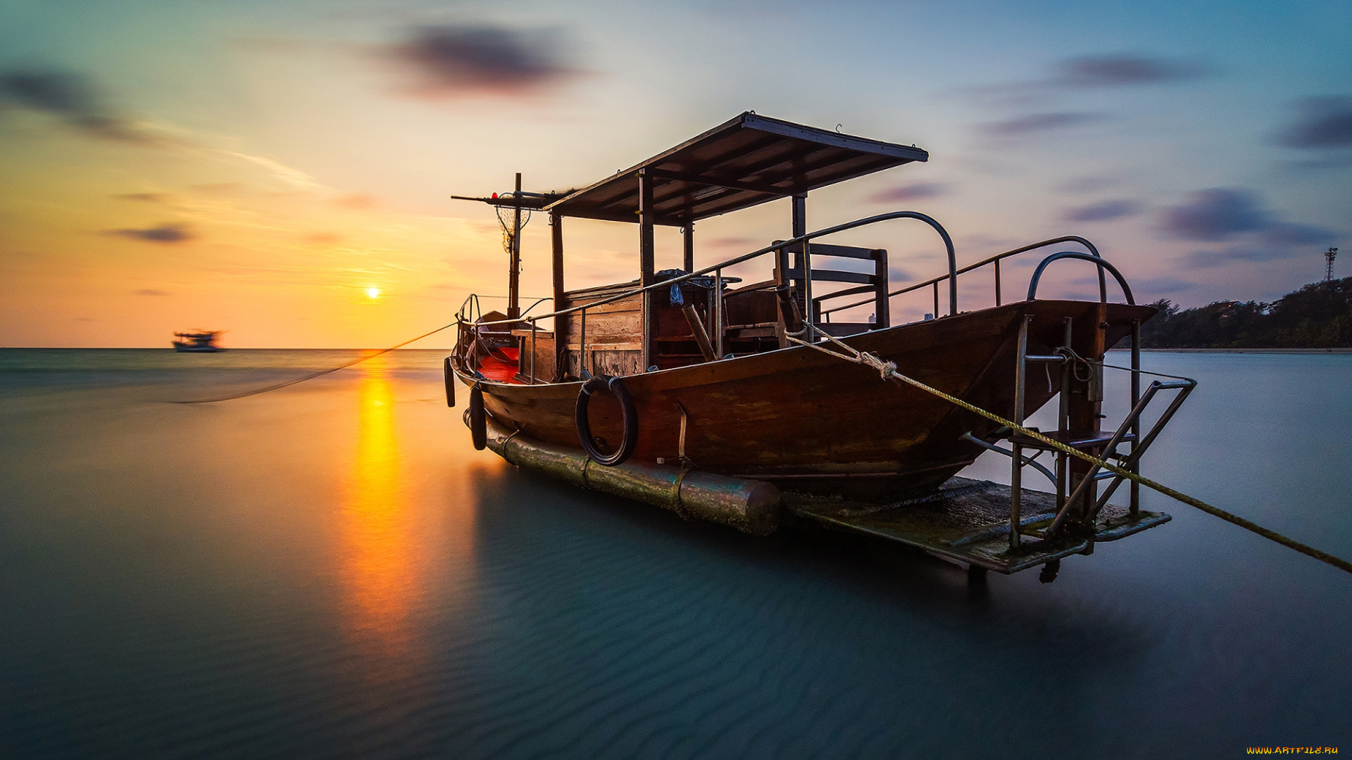 корабли, моторные, лодки, тропики, сумерки, лодка