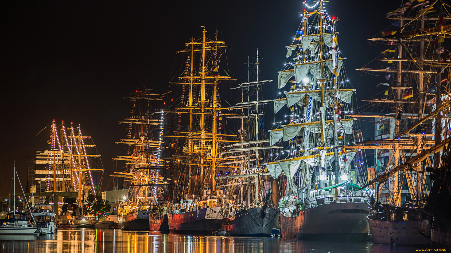 корабли, парусники, паруса, мачты, ночь, огни