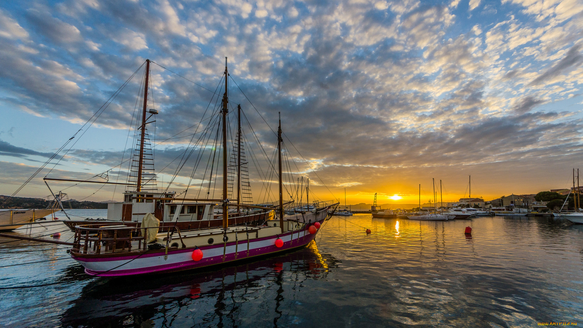 корабли, парусники, порт, гавань, рассвет, шхуна
