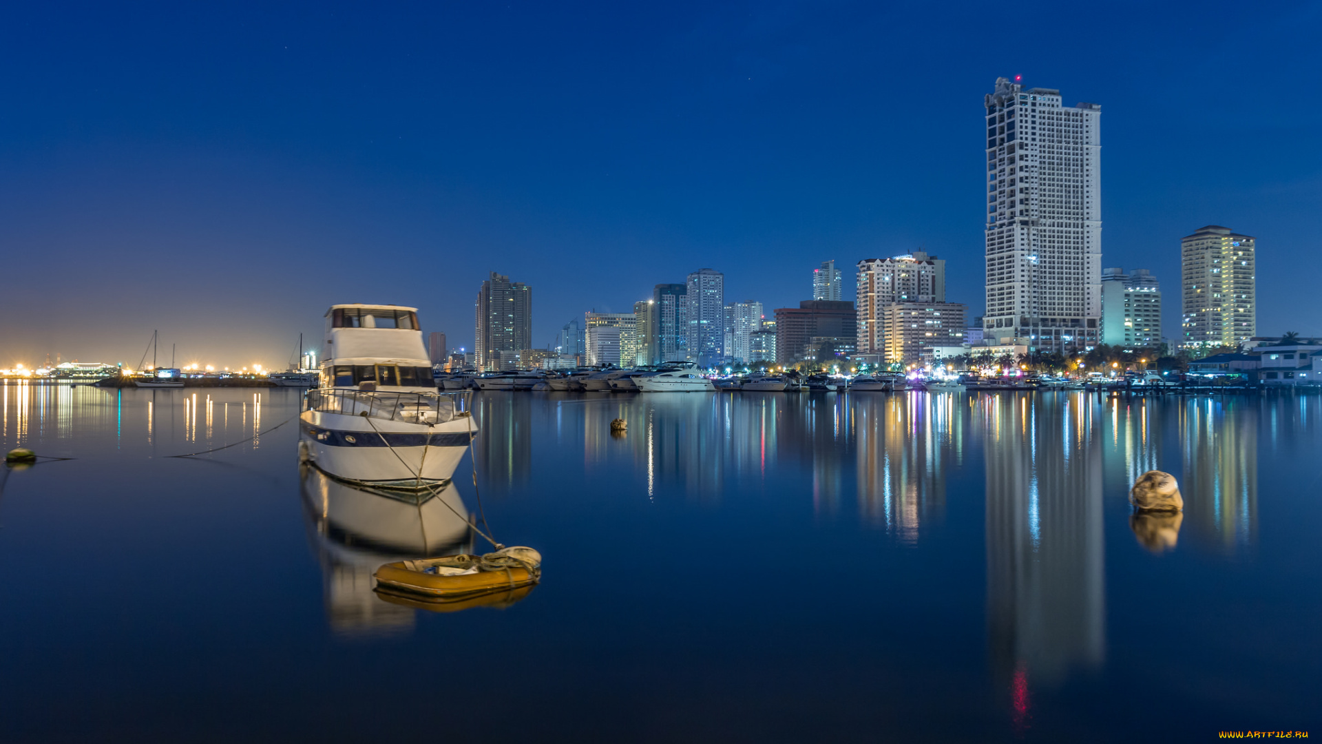 корабли, Яхты, город, залив, яхта, ночь