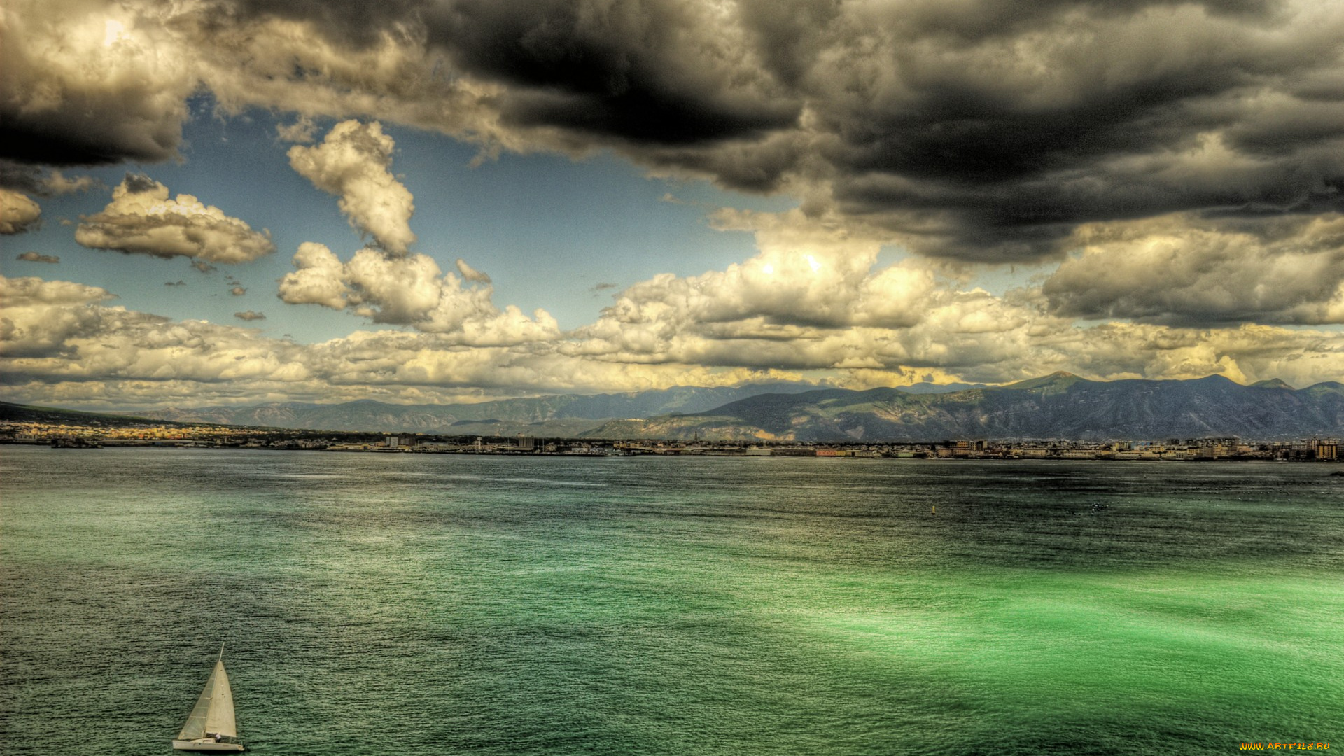 корабли, Яхты, горы, облака, яхта, паруса