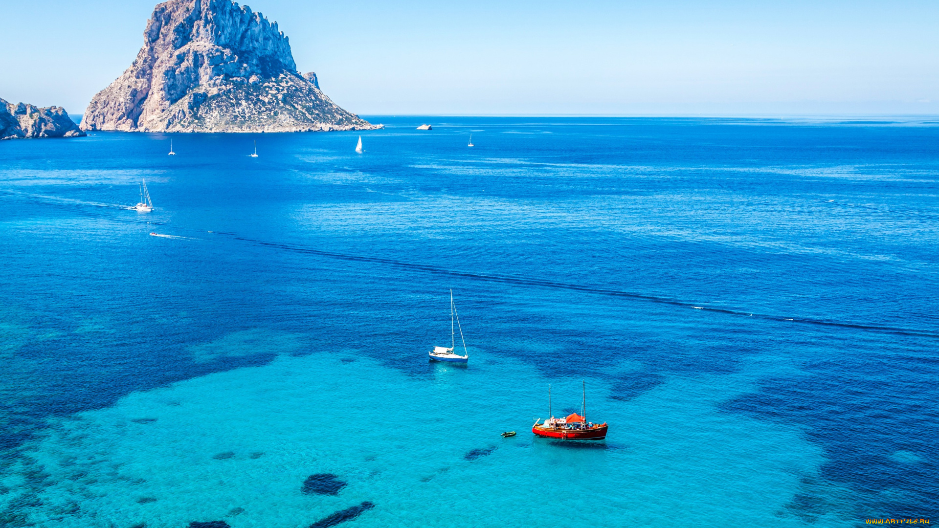 корабли, Яхты, испания, ibiza, море, скалы, яхты, горизонт