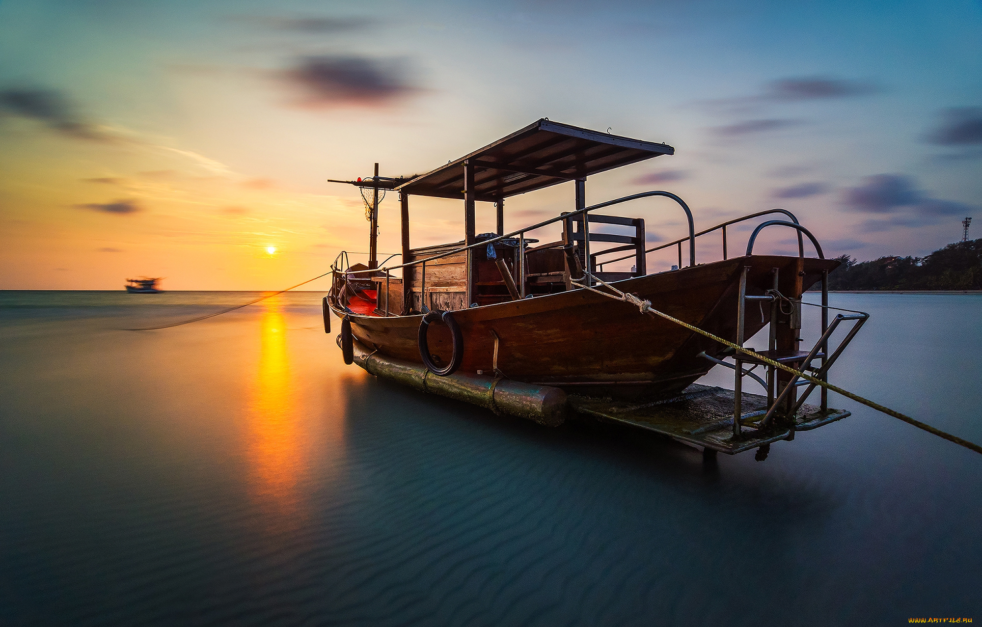 корабли, моторные, лодки, тропики, сумерки, лодка