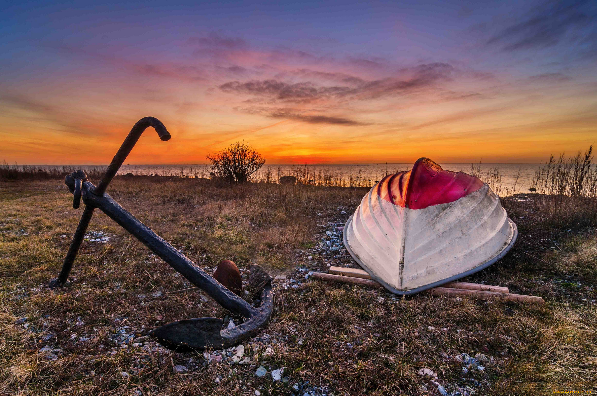 корабли, лодки, , шлюпки, лодка, якорь, заря