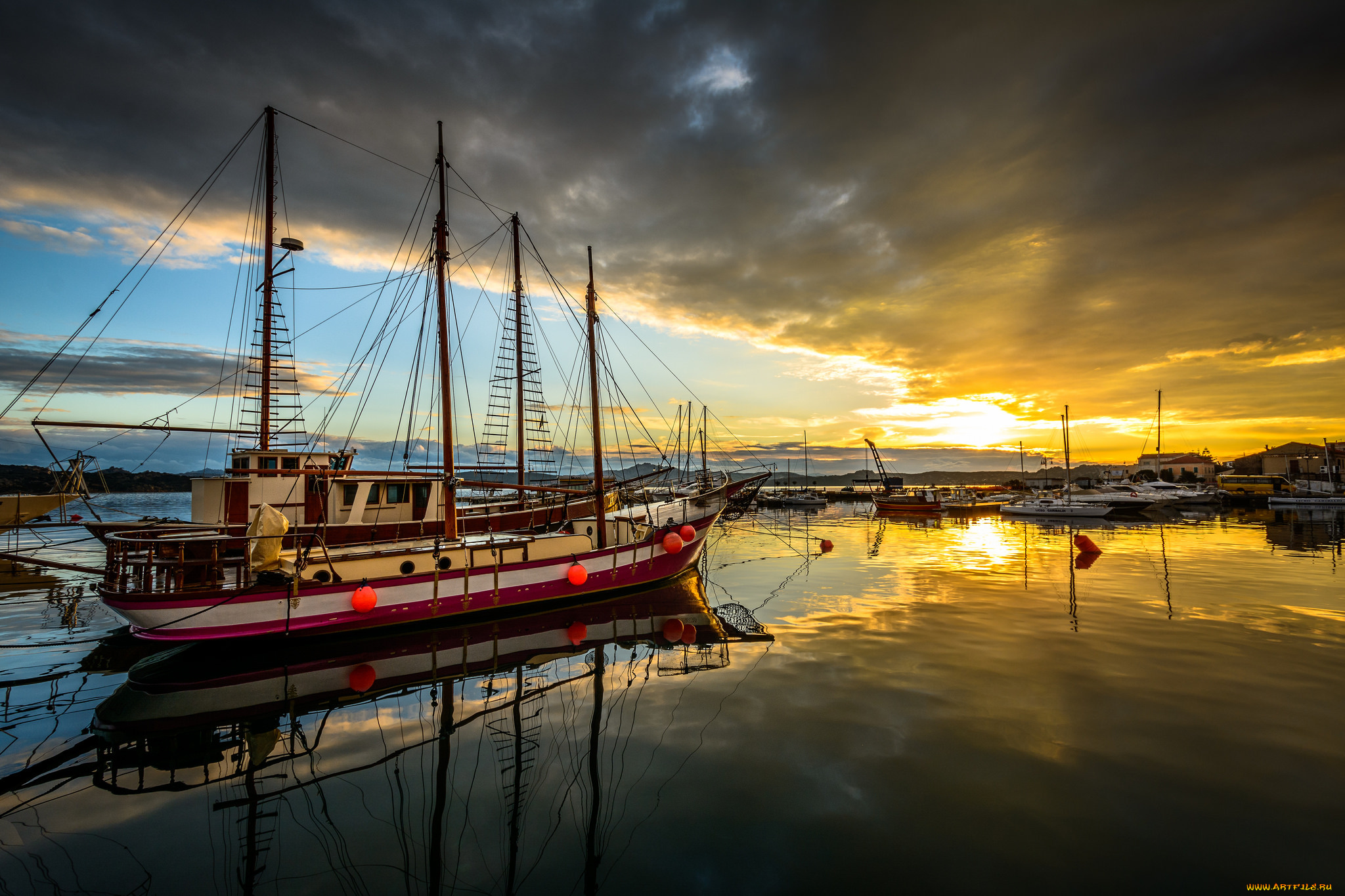 корабли, порты, , , причалы, гавань, закат, шхуна