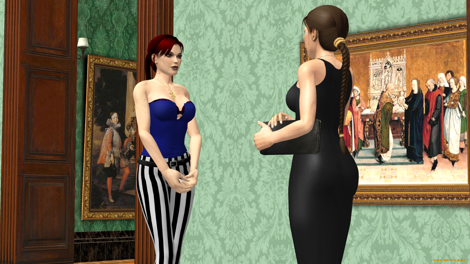 3д, графика, люди, , people, фон, девушки, взгляд, музей