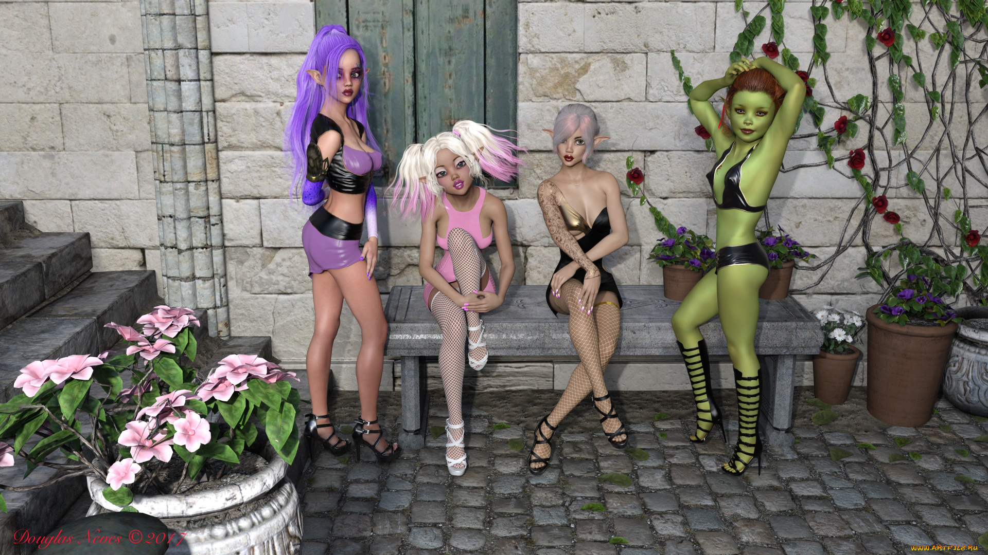 3д, графика, эльфы, , elves, грудь, фон, взгляд, эльфийки