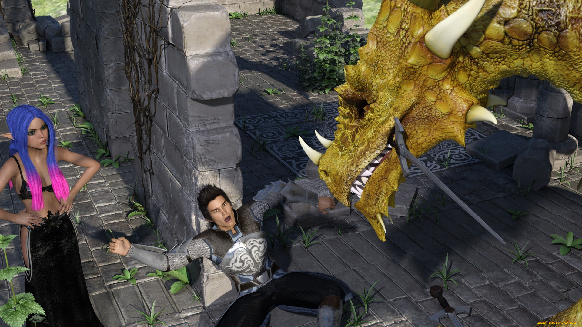 3д, графика, фантазия, , fantasy, девушка, дракон, фон, взгляд