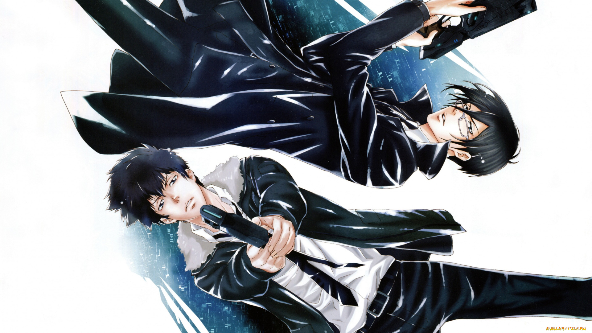аниме, psycho-pass, двое, галстук, shinya, kougami, плащ, kyoji, asano, психо-паспорт, напарники, art, очки, ginoza, nobuchika, пистолет, костюм