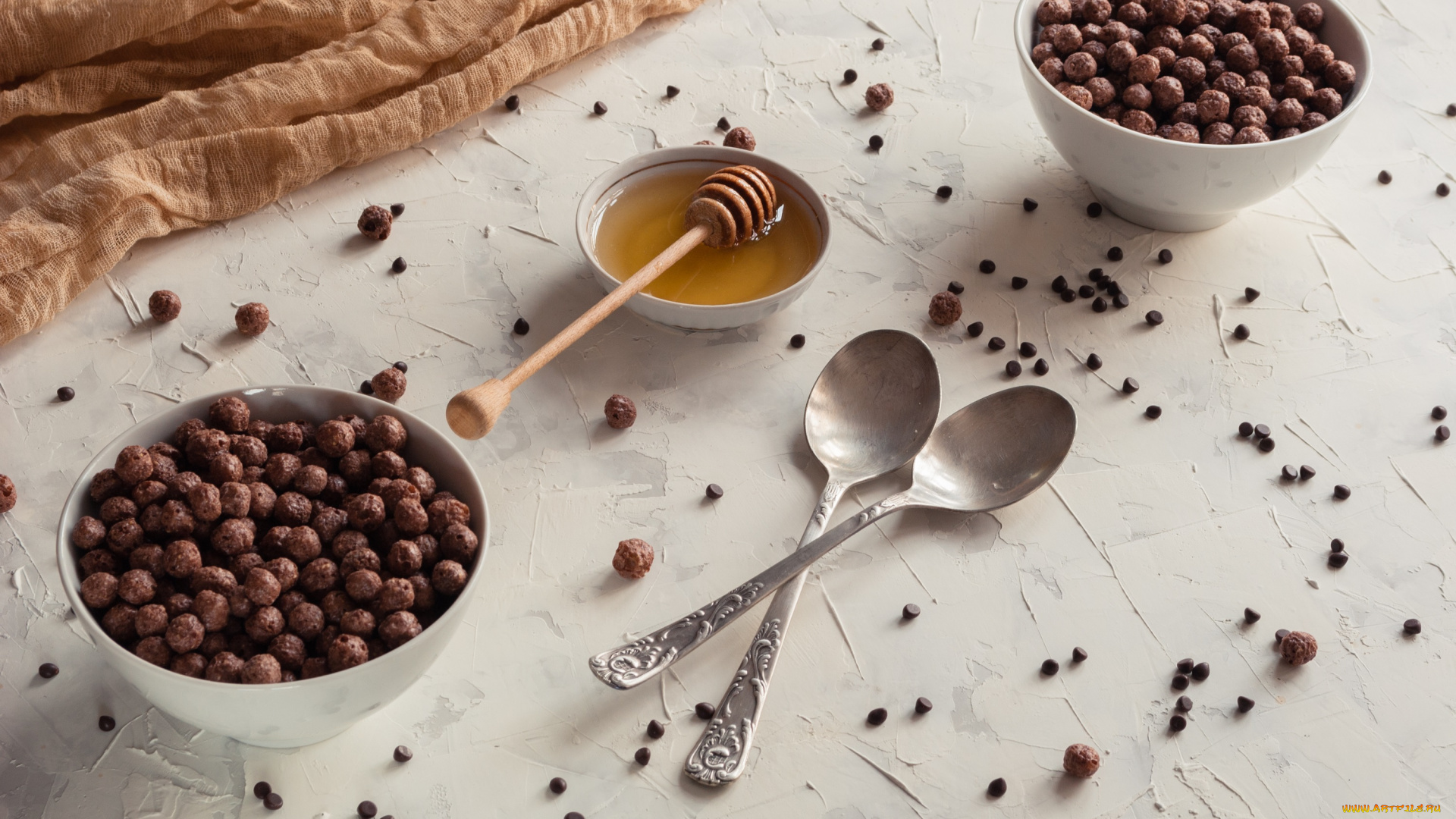 еда, мюсли, , хлопья, шоколадные, шарики, завтрак, мед