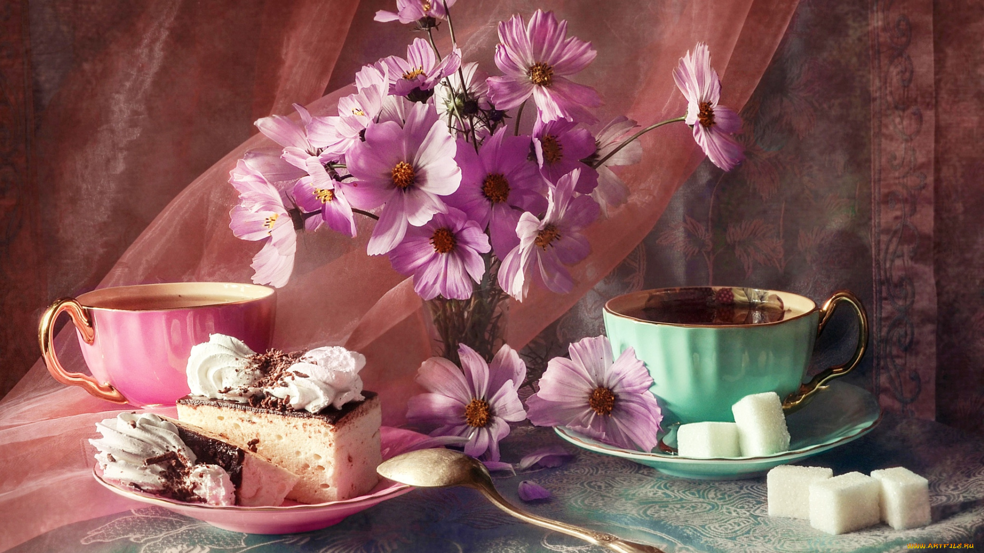 еда, натюрморт, ткань, пирожные, still, life, скатерть, чашки, анастасия, соловьёва, anastasia, soloviova, космея, столик, сахар, вуаль, блюдце, цветы