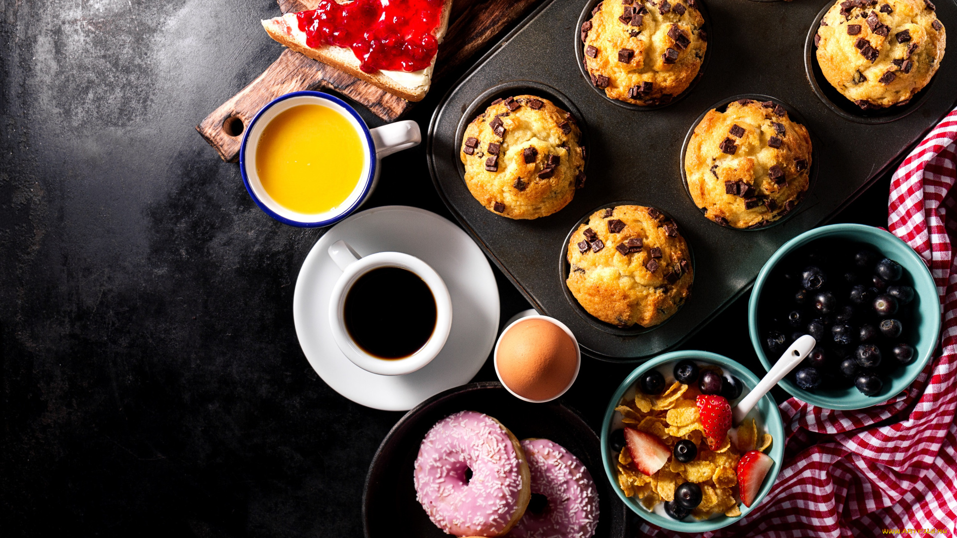 еда, разное, кексы, кофе, пончики, хлопья, яйцо, завтрак, сладости, выпечка, бутерброды