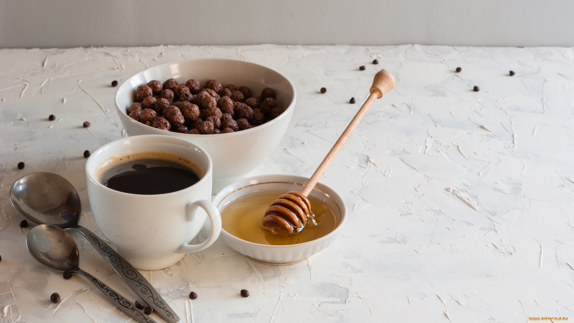 еда, разное, завтрак, мед, кофе, ложки, шарики