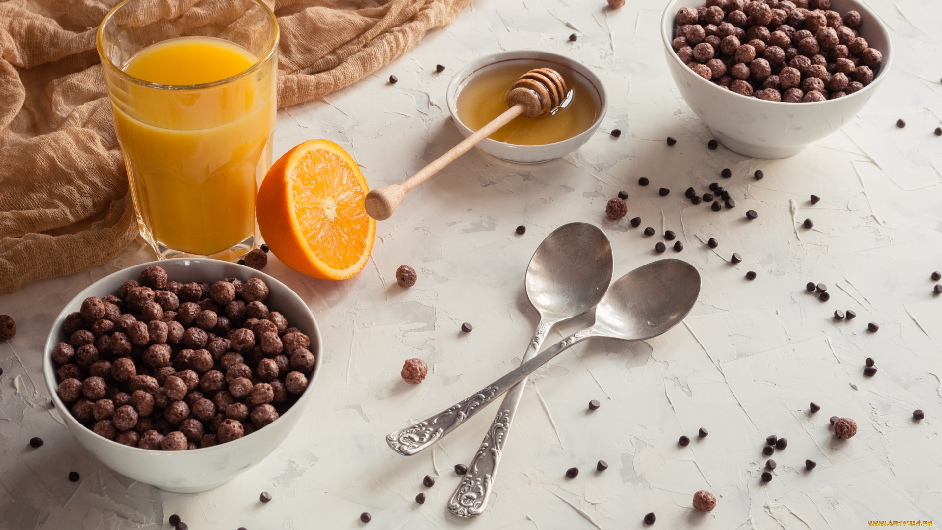 еда, разное, завтрак, мед, сок, ложки, шарики