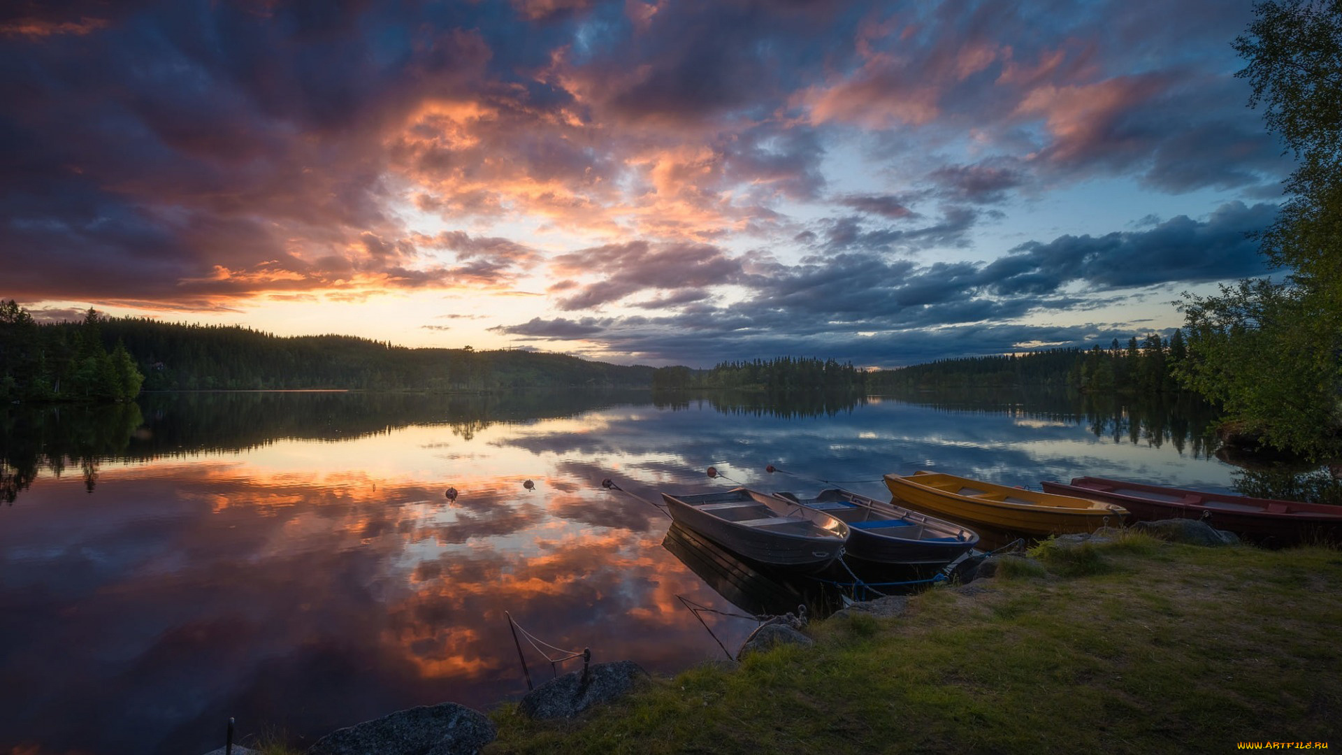 корабли, лодки, , шлюпки, закат, река