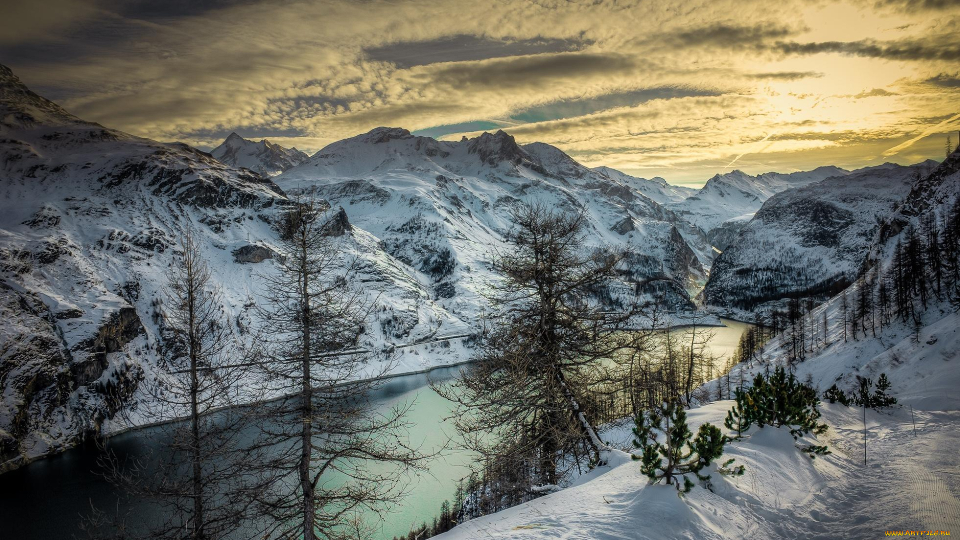 природа, горы, франция, альпы, озеро, восход