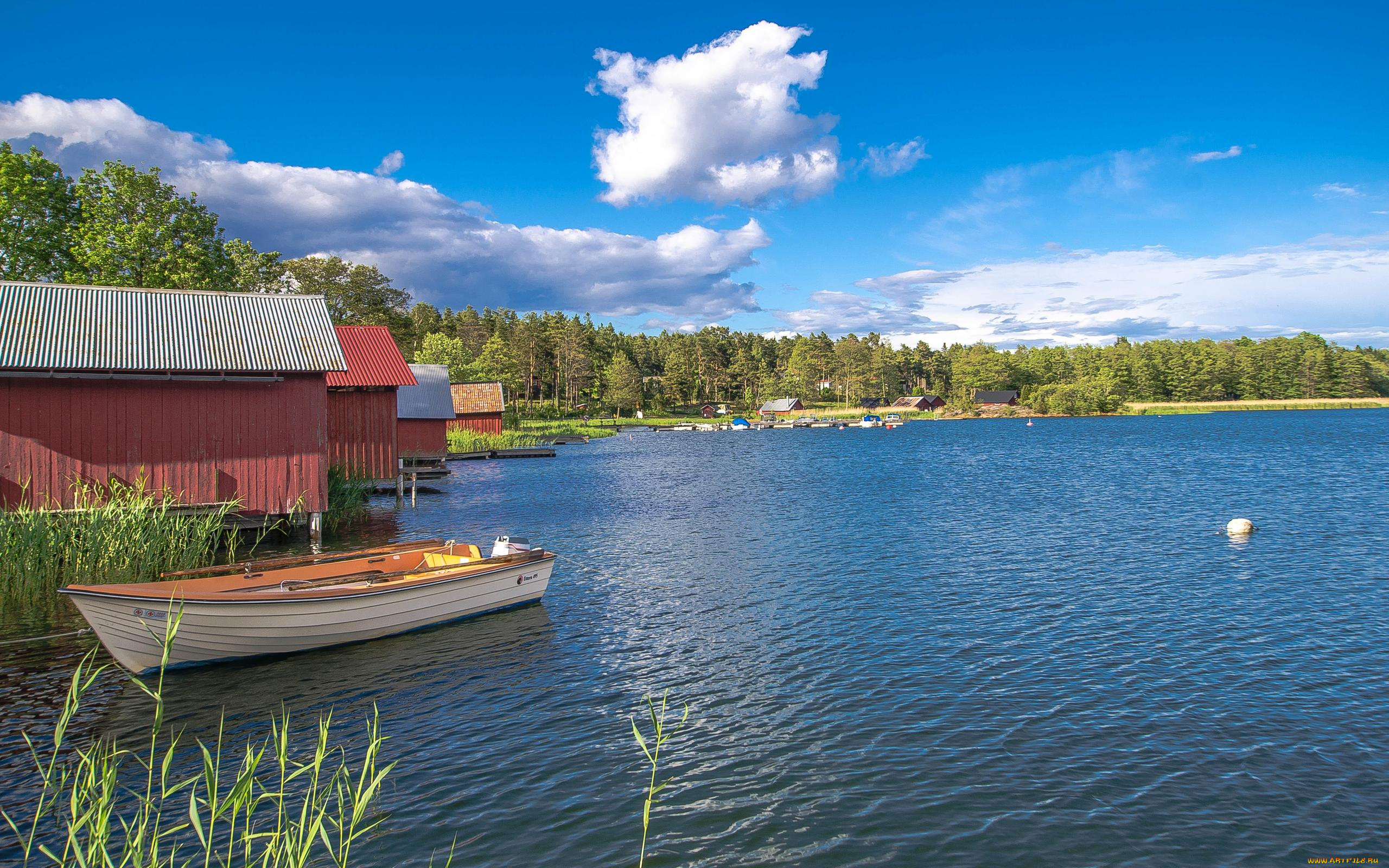 корабли, лодки, , шлюпки, озеро, домики, лодка, швеция, деревья