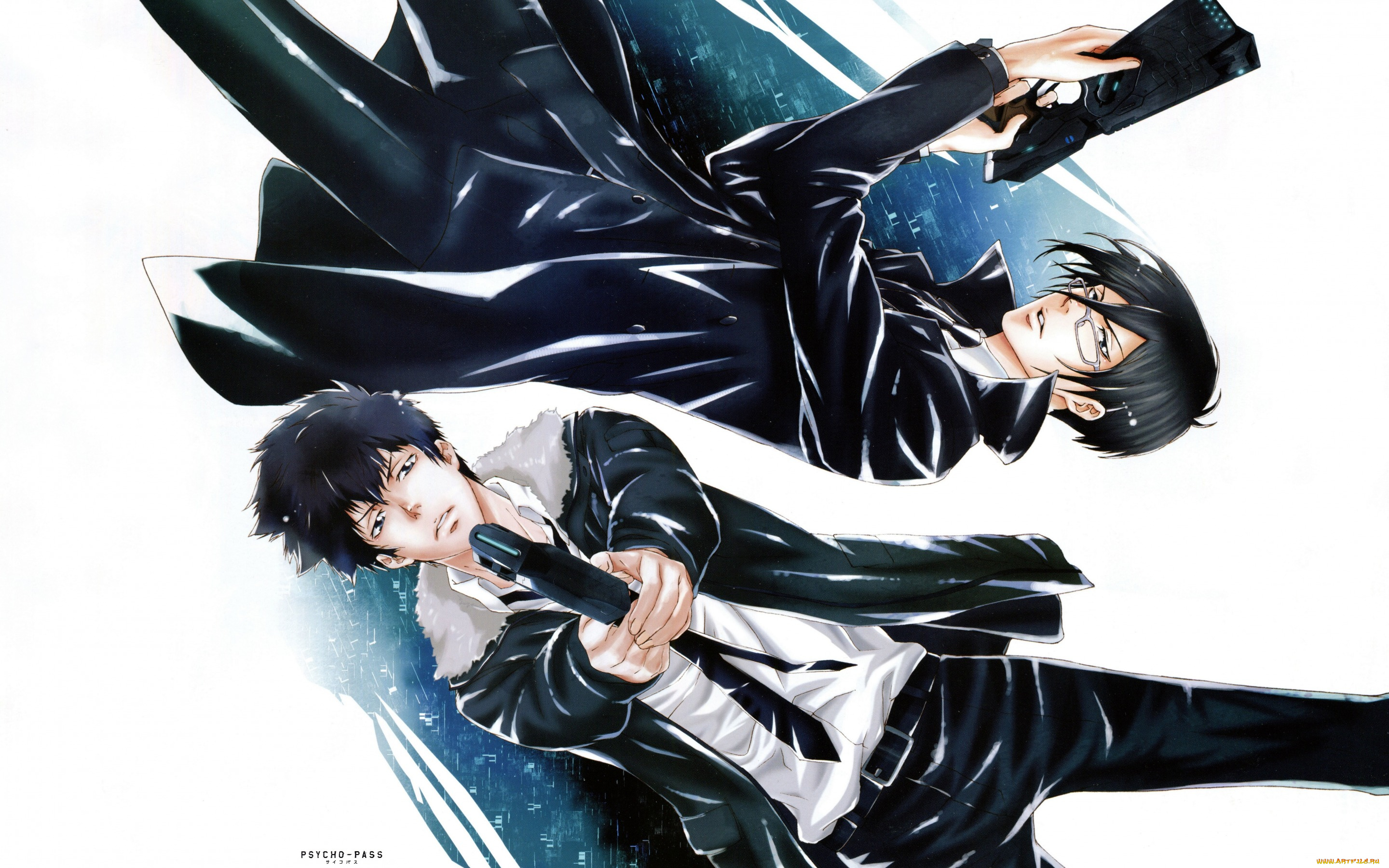 аниме, psycho-pass, двое, галстук, shinya, kougami, плащ, kyoji, asano, психо-паспорт, напарники, art, очки, ginoza, nobuchika, пистолет, костюм