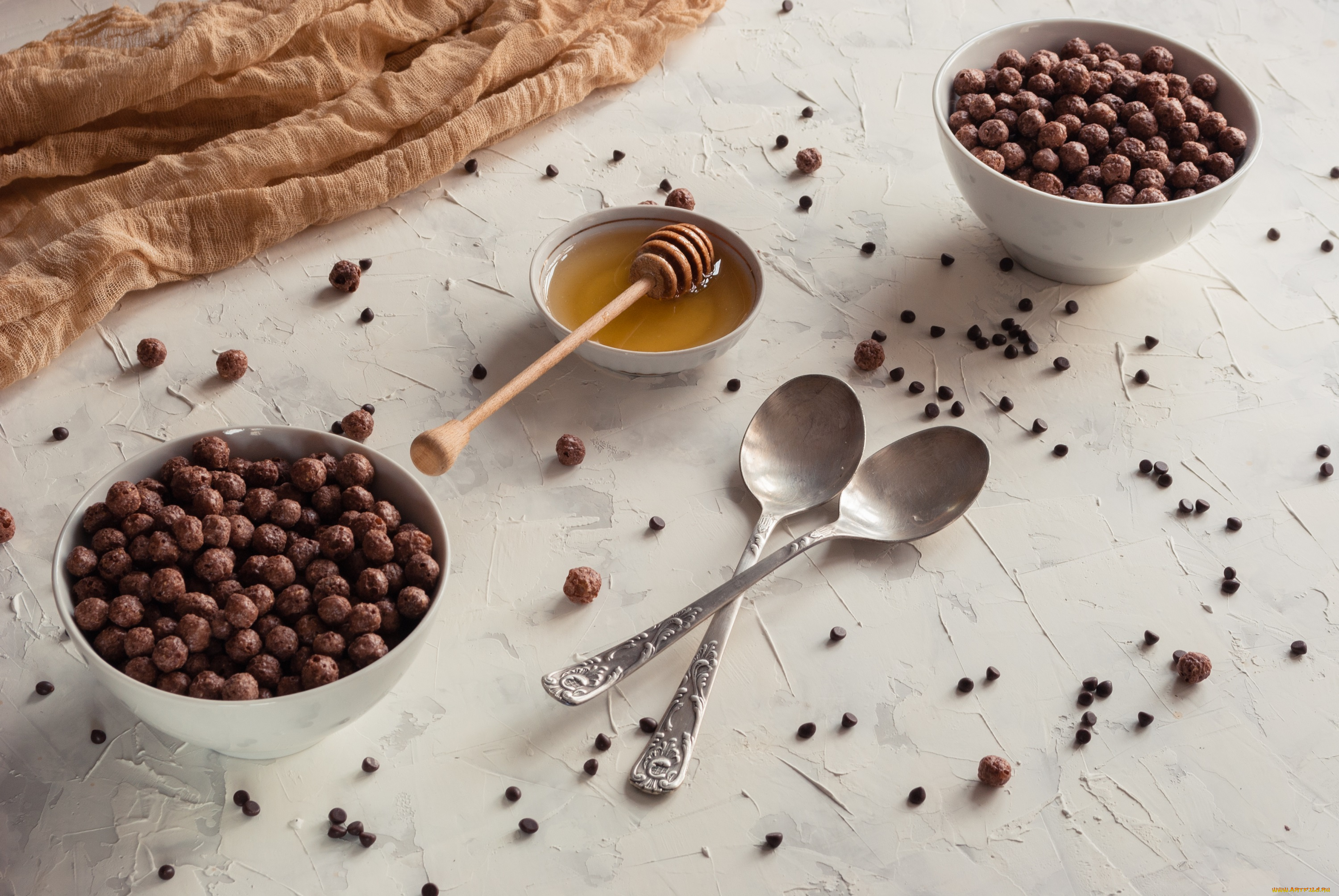 еда, мюсли, , хлопья, шоколадные, шарики, завтрак, мед